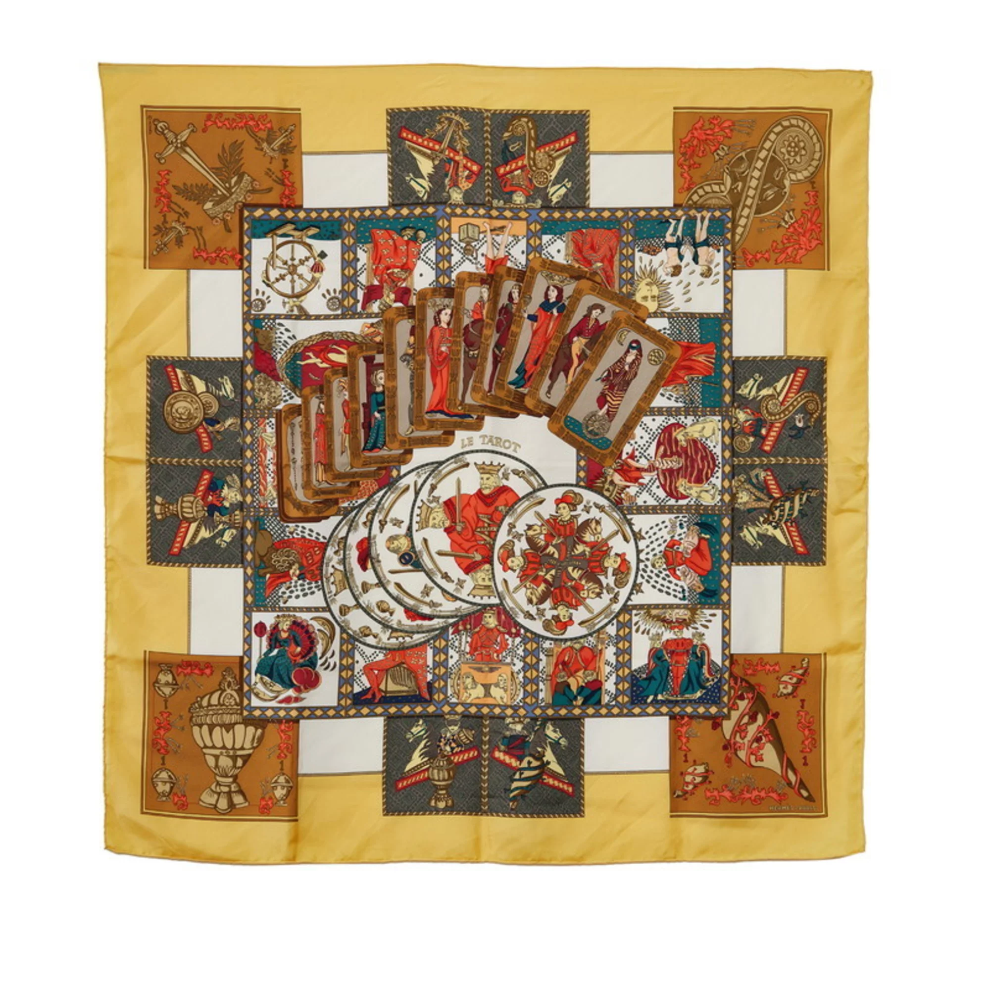 Pre-Owned Hermes Carre 90 LE TAROT Tarot Card Scarf Muffler Yellow Multi Silk Women's HERMES (Good)