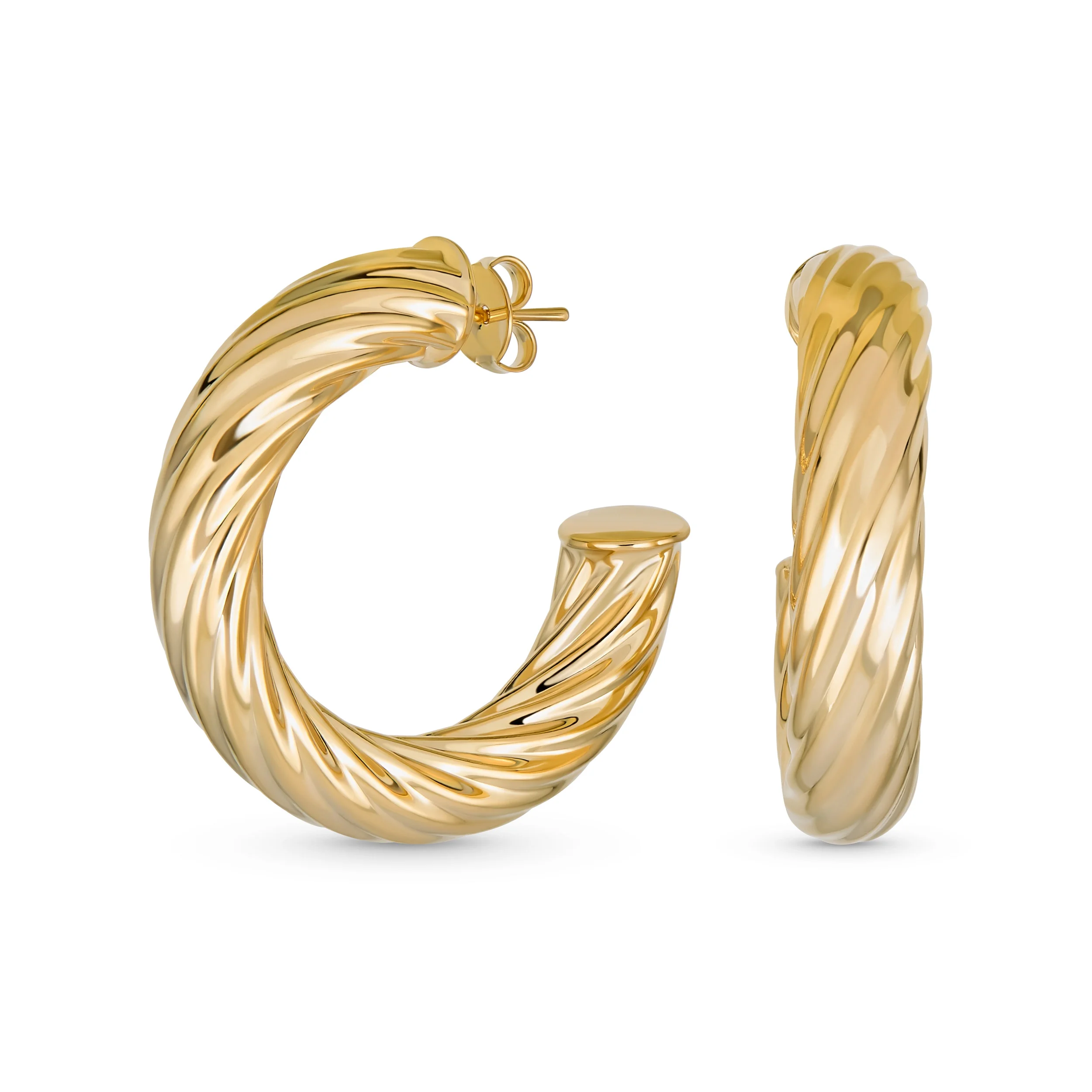 Bling Jewelry Twisted Rope Braid Cable Light-Weight Thick Hoop Earrings Gold Plated 1.5 Inch