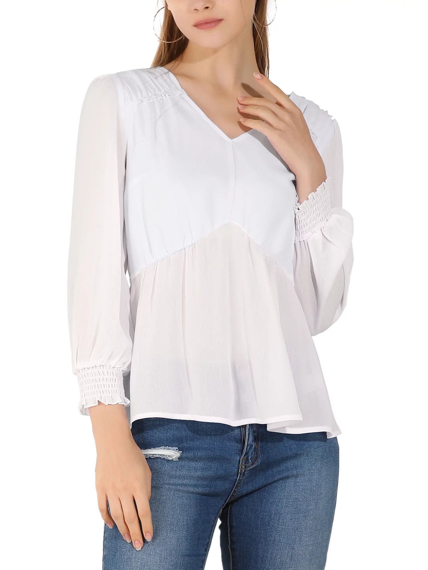 MODA NOVA Junior's Ruffled Long Puff Sleeves Blouses V Neck Solid Blouse White L