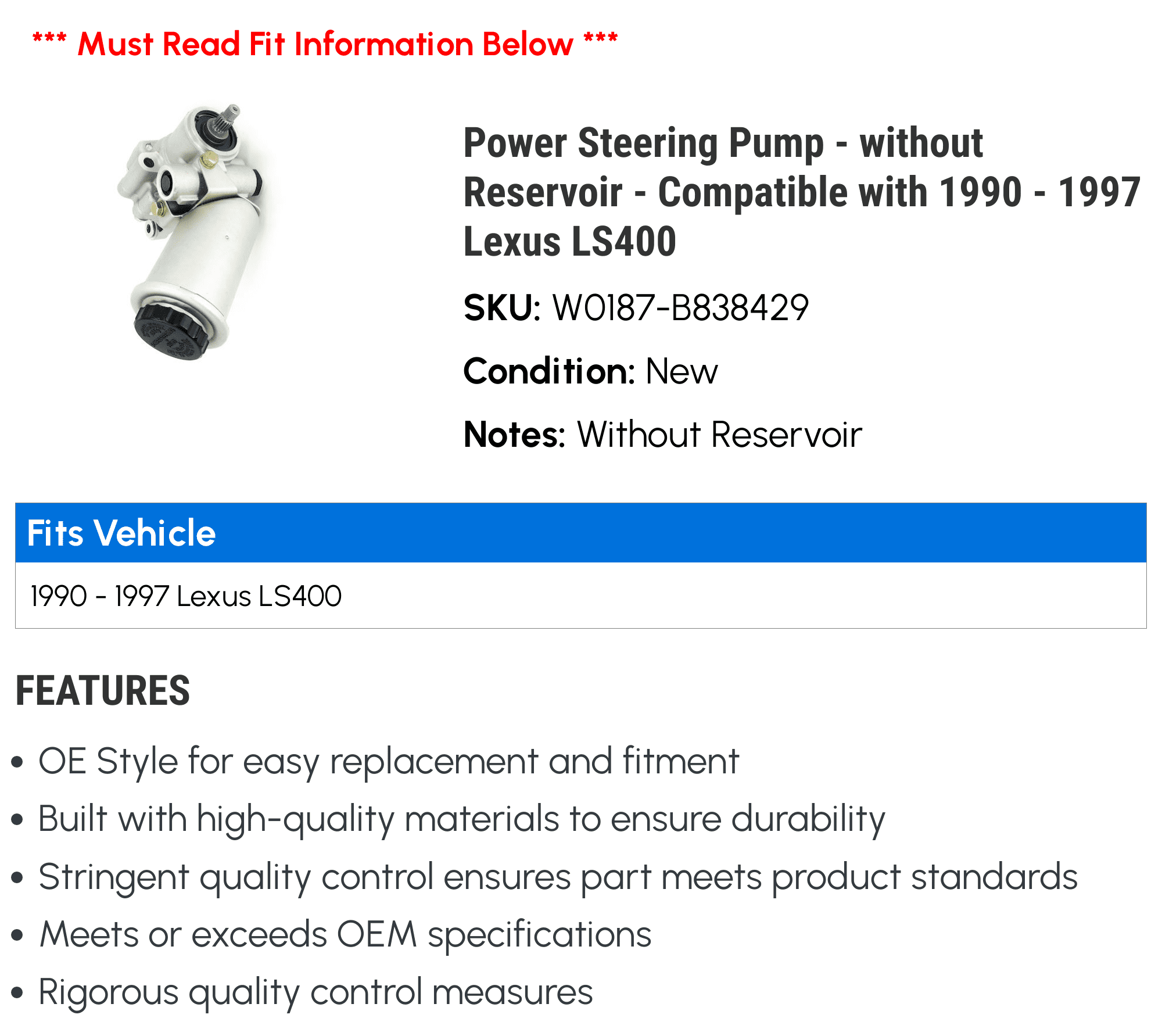 Power Steering Pump - without Reservoir - Compatible with 1990 - 1997 LS400 1991 1992 1993 1994 1995 1996