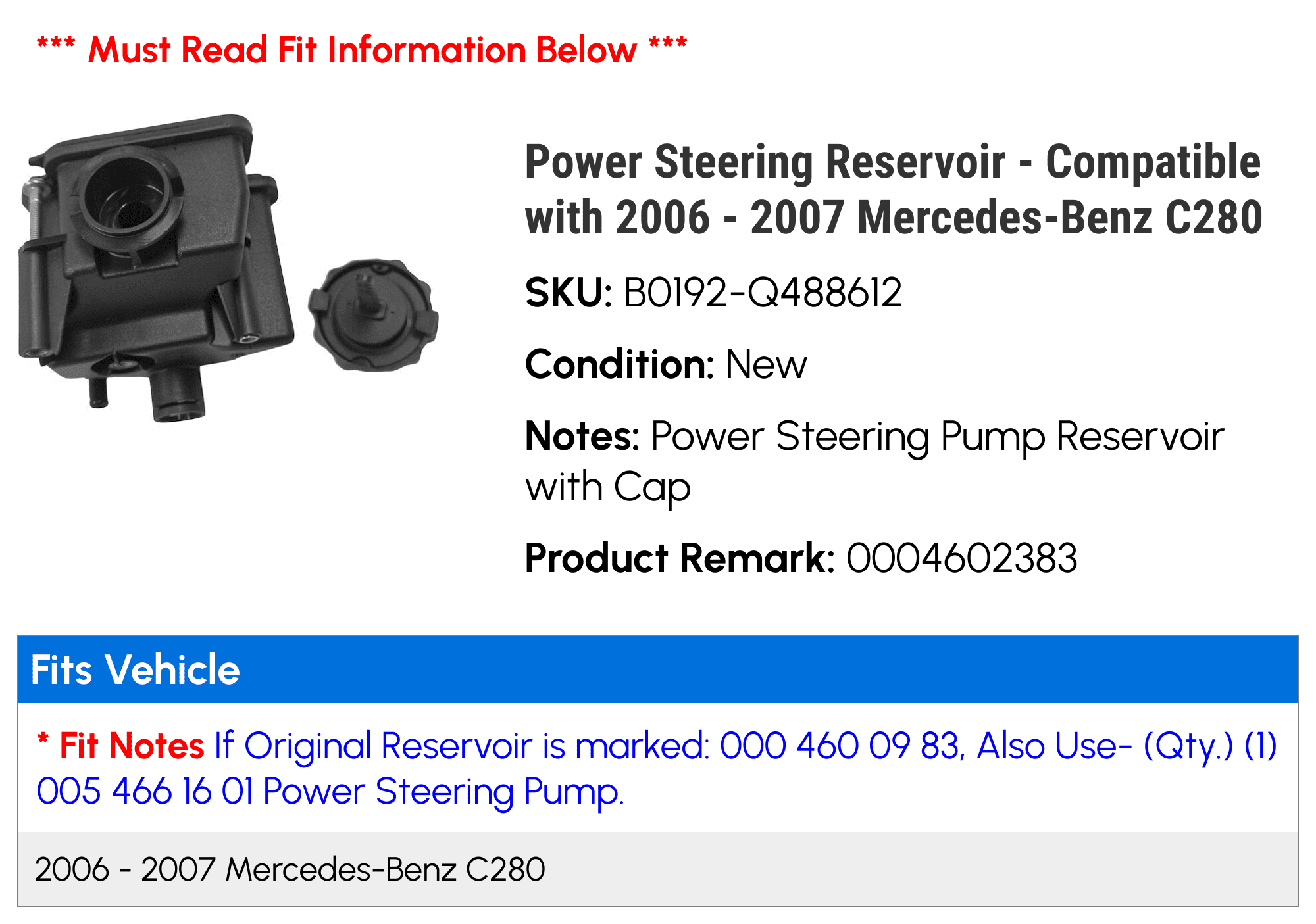 Power Steering Reservoir - Compatible with 2006 - 2007 Mercedes-Benz C280