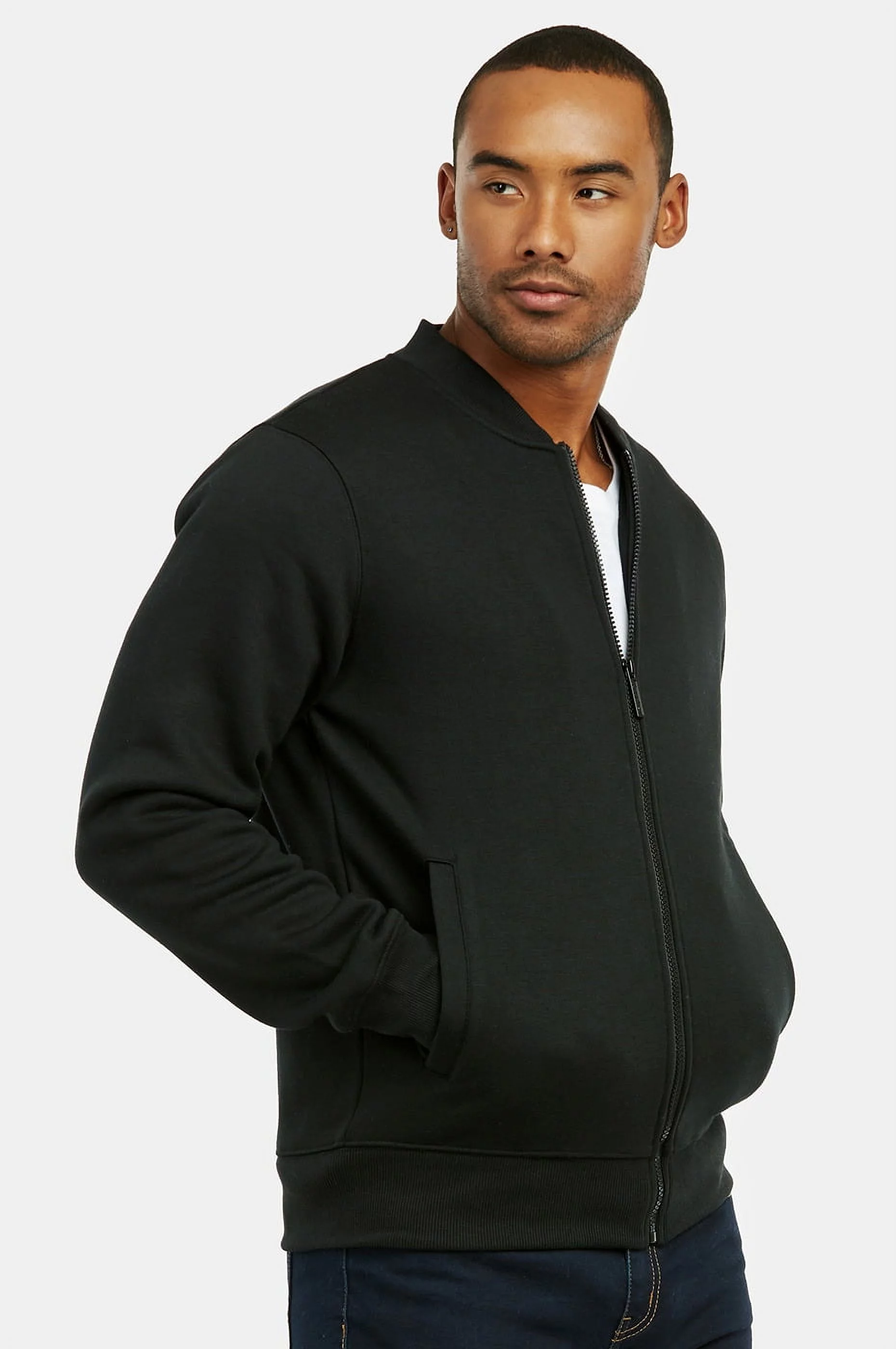 247 Frenzy Men's Essentials Knocker Cotton Blend Fleece Classic Bomber Jacket - Black
