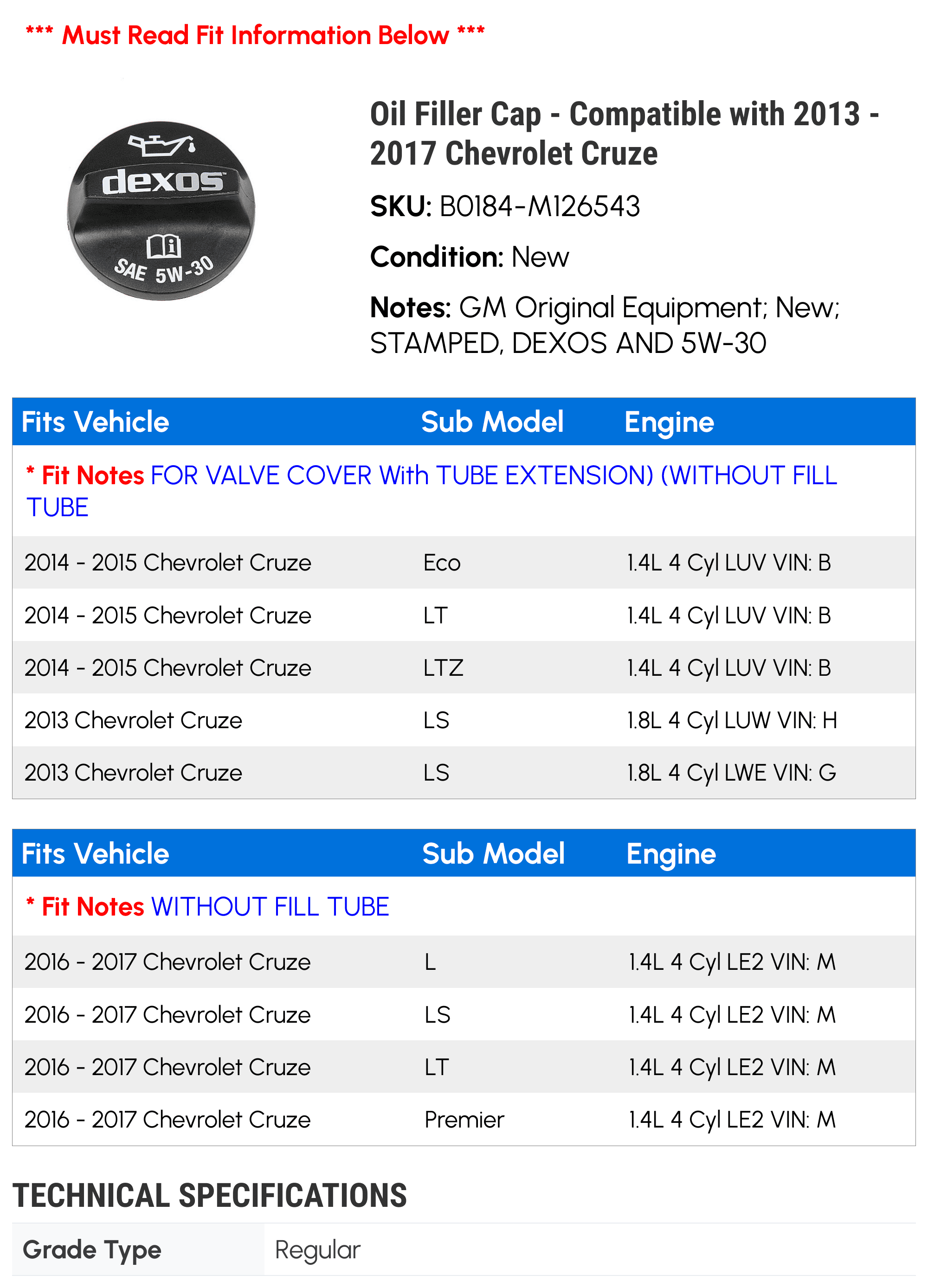 Oil Filler Cap - Compatible with 2013 - 2017 Chevy Cruze 2014 2015 2016