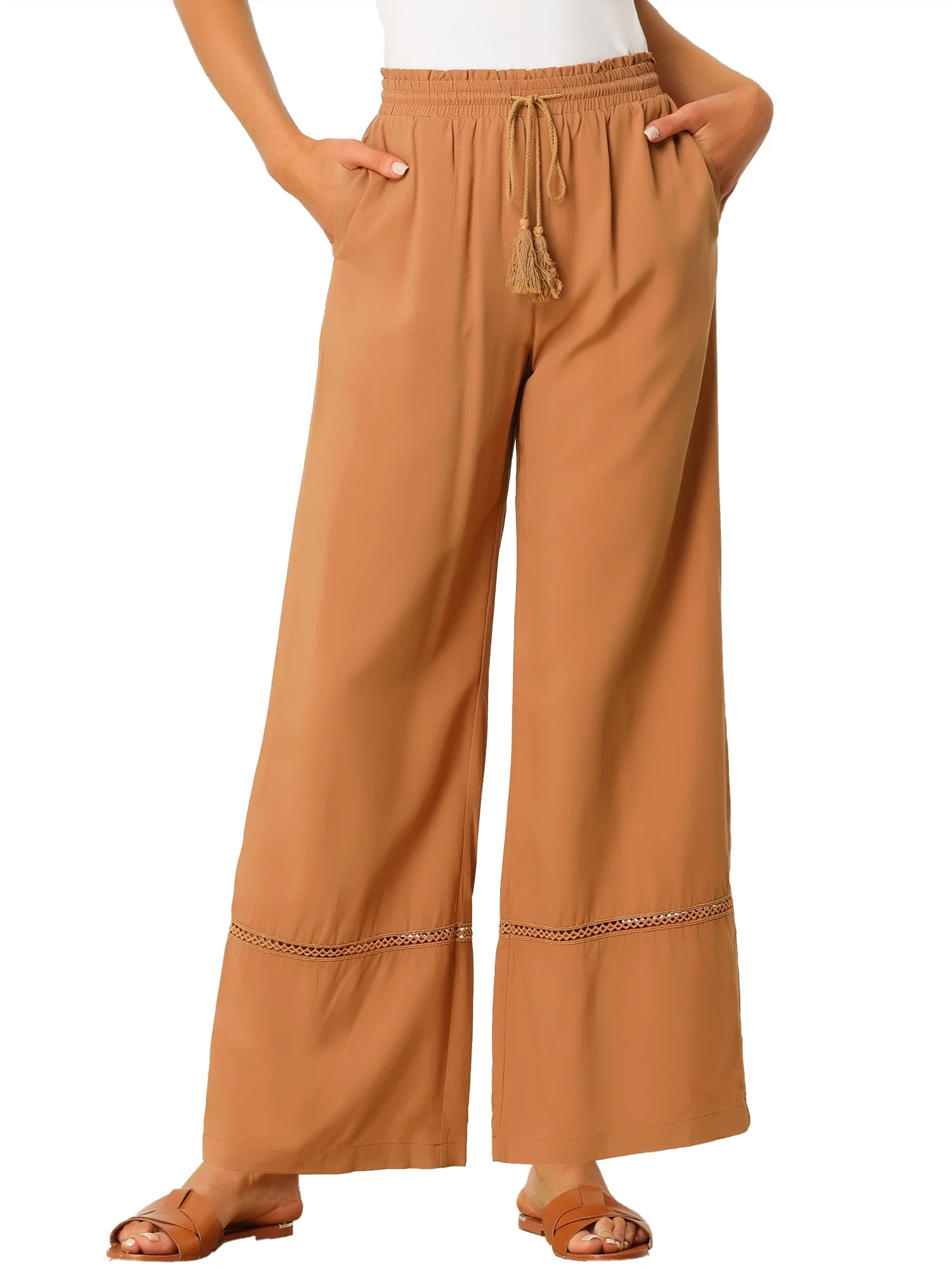 Women's Summer Wide Leg Crochet Hem Ruffle Elastic High Waist Boho Palazzo Pant with Pockets