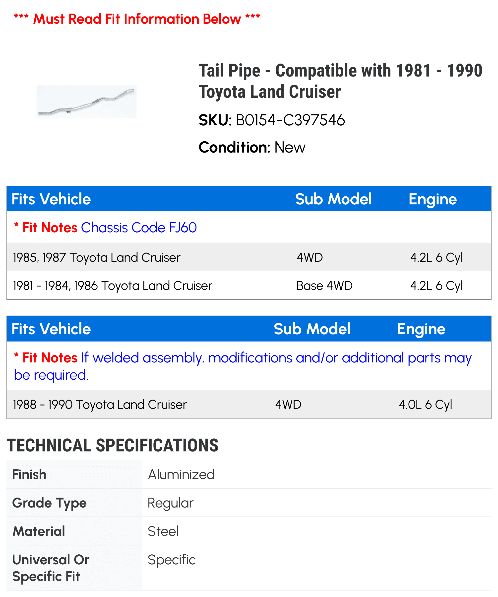 Tail Line - Compatible with 1981 - 1990 Toyota Land Cruiser 1982 1983 1984 1985 1986 1987 1988 1989