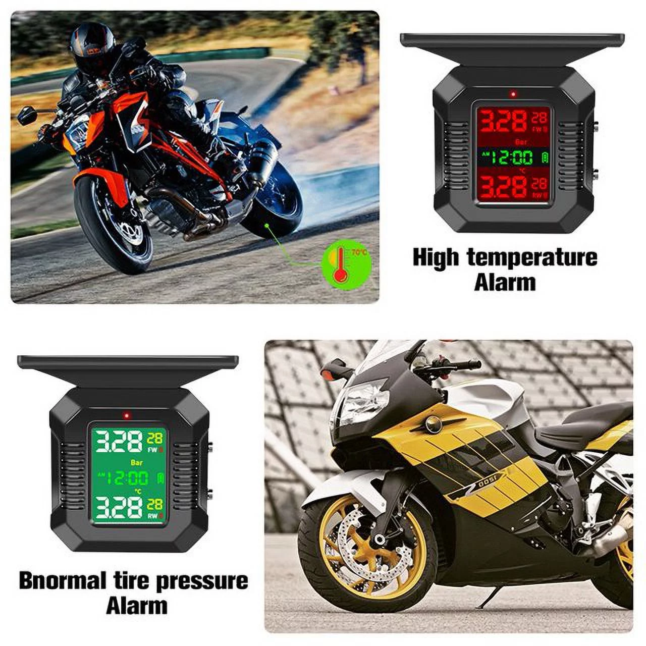 Tire Pressure Monitoring System, TPMS, 2 Sensors, 5 Alarm Modes, 1100 mAh Battery, Large Screen, for Motorcycle
