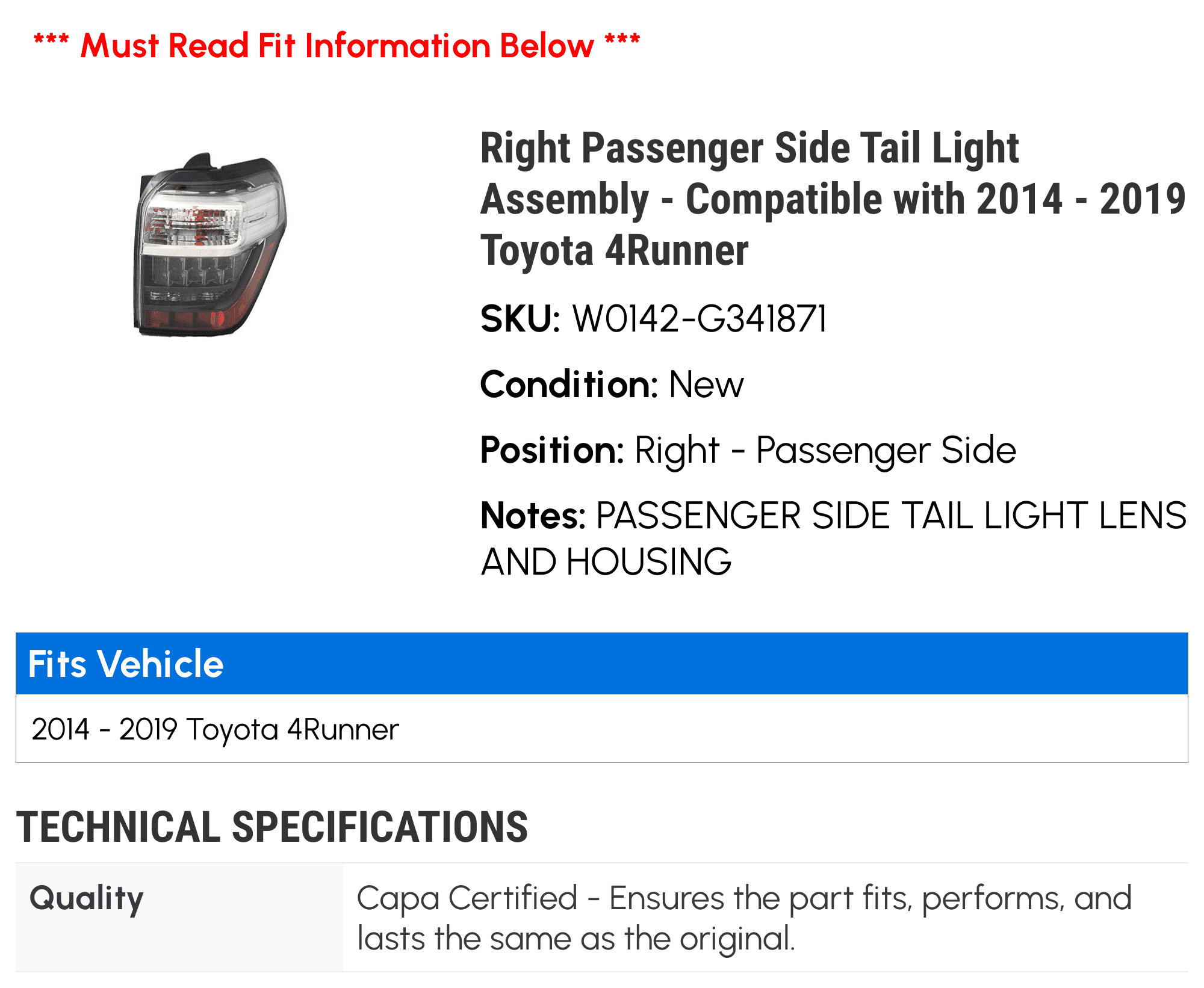 Right Passenger Side Tail Light Assembly - Compatible with 2014 - 2019 Toyota 4Runner 2015 2016 2017 2018 2021
