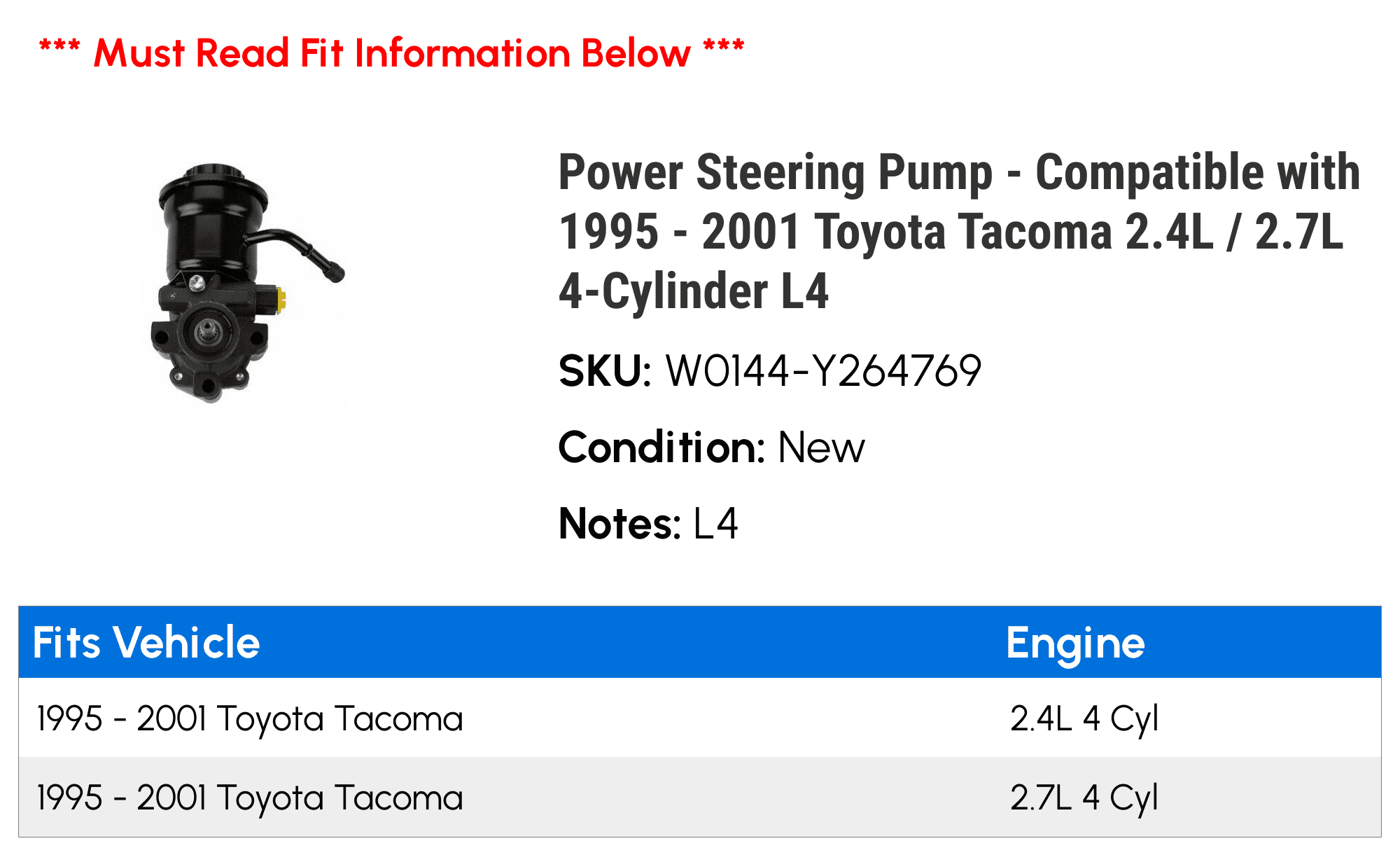 Power Steering Pump - Compatible with 1995 - 2001 Toyota Tacoma 2.4L / 2.7L 4-Cylinder L4 1996 1997 1998 1999 2000