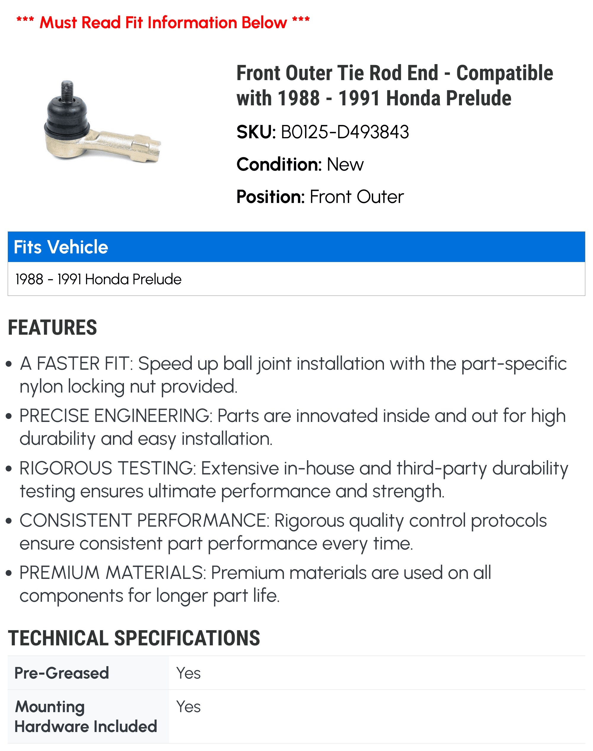 Front Outer Tie Rod End - Compatible with 1988 - 1991 Honda Prelude 1989 1990