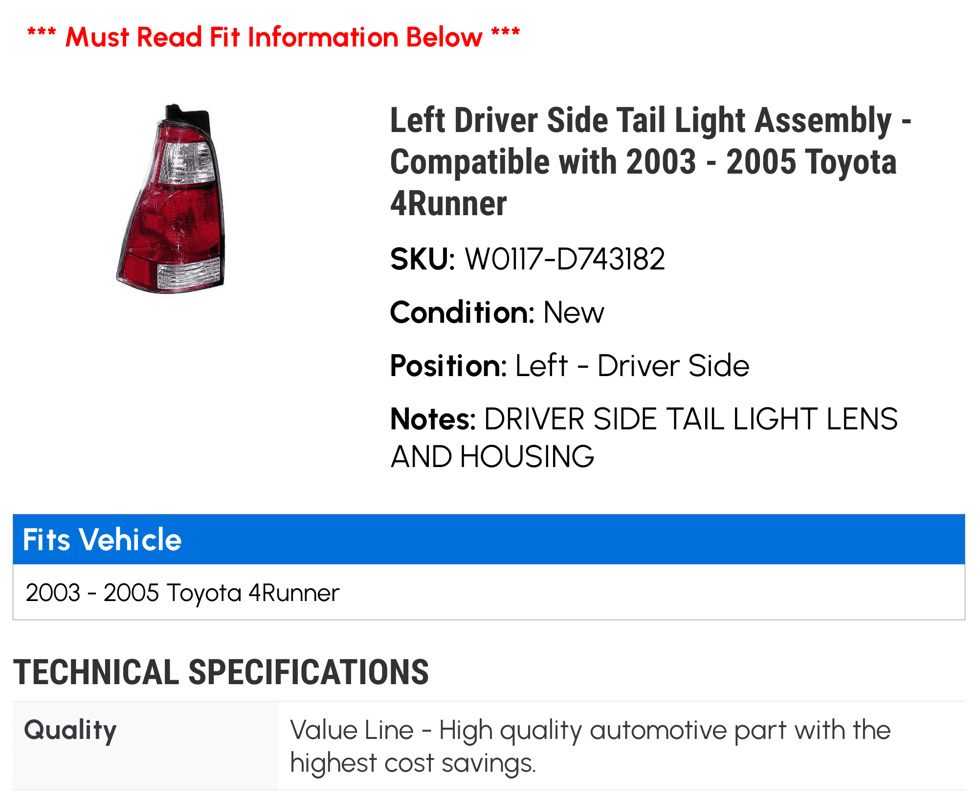 Left Driver Side Tail Light Assembly - Compatible with 2003 - 2005 Toyota 4Runner 2004