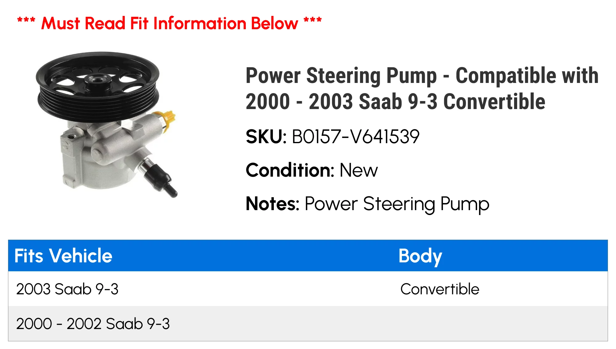 Power Steering Pump - Compatible with 2000 - 2003 Saab 9-3 Convertible 2001 2002