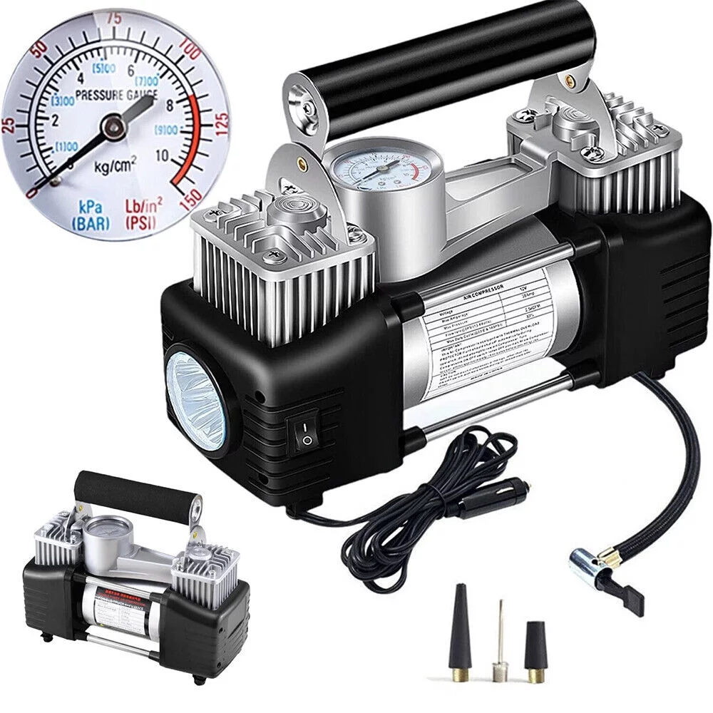 KingFurt Electric Pump Double Cylinder 12V Black Portable Air Compressor Roadside Tire Inflation