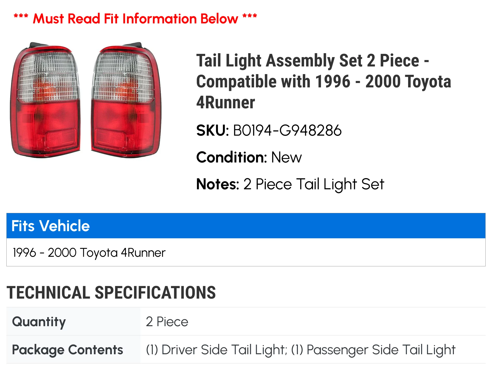 Tail Light Assembly Set 2 Piece - Compatible with 1996 - 2000 Toyota 4Runner 1997 1998 1999