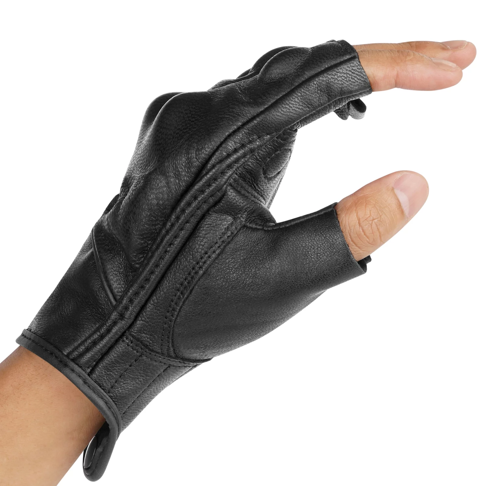 Fingerless Motorcycle Gloves for Mens Leather Riding Driving Gloves with Hand Knuckle Goat Skin Gloves