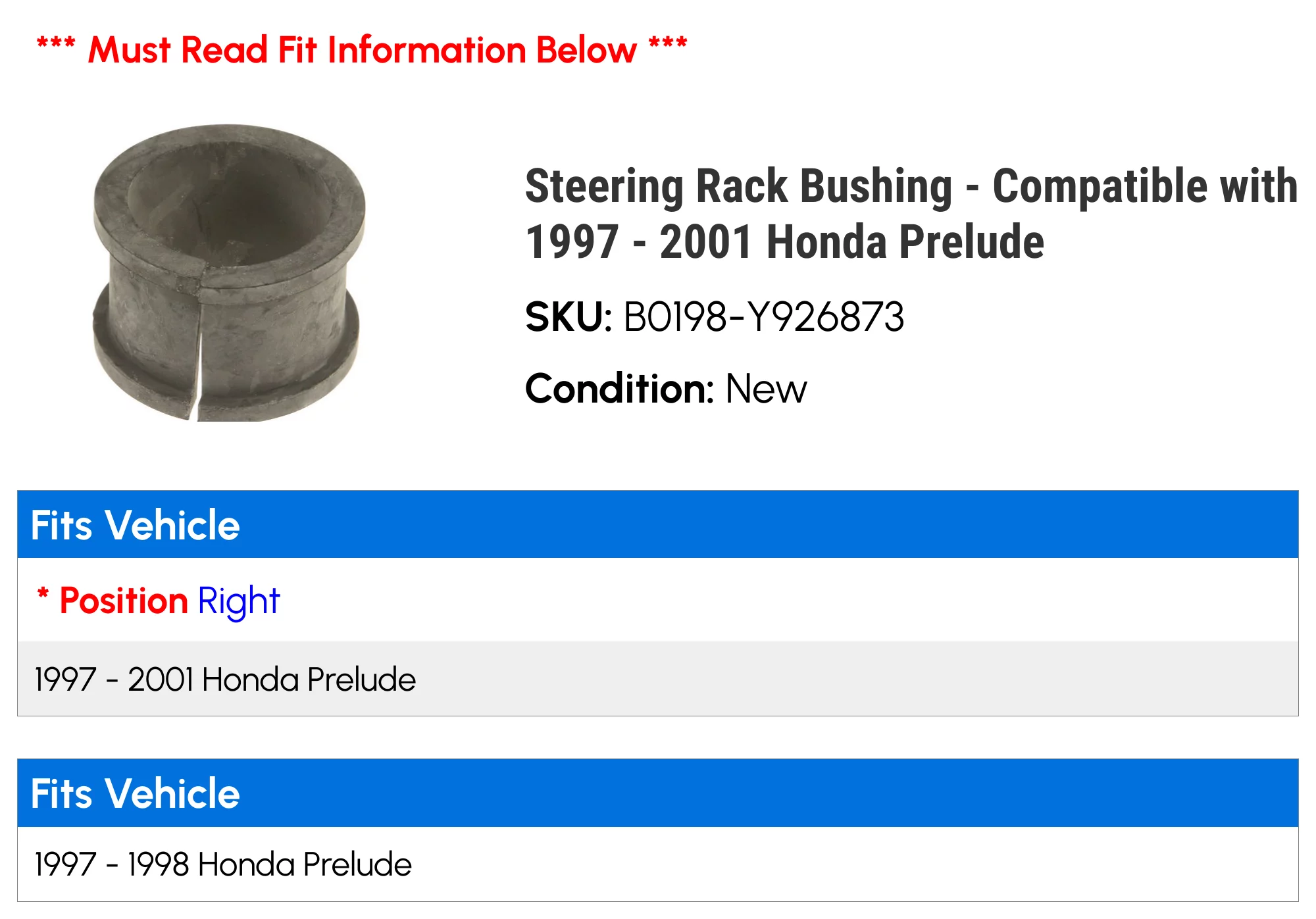 Steering Rack Bushing - Compatible with 1997 - 2001 Honda Prelude 1998 1999 2000