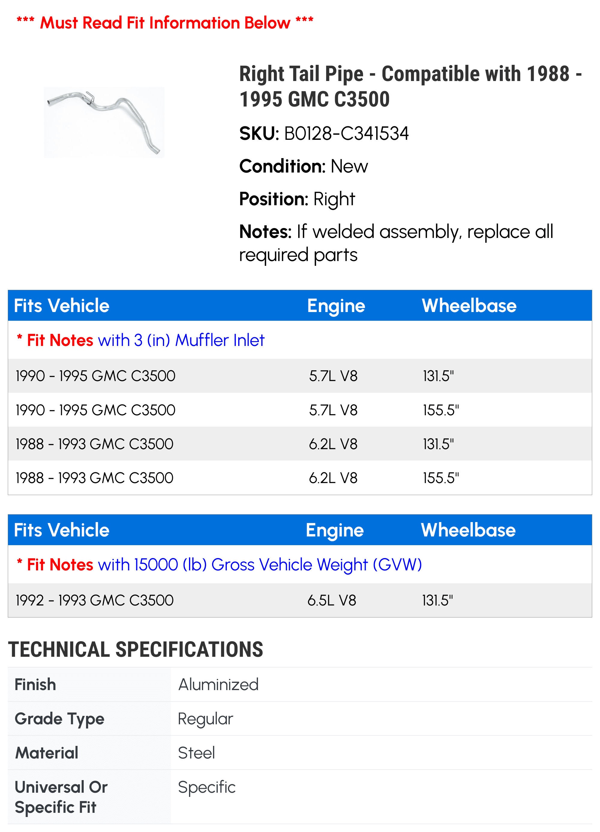 Right Tail Line - Compatible with 1988 - 1995 GMC C3500 1989 1990 1991 1992 1993 1994