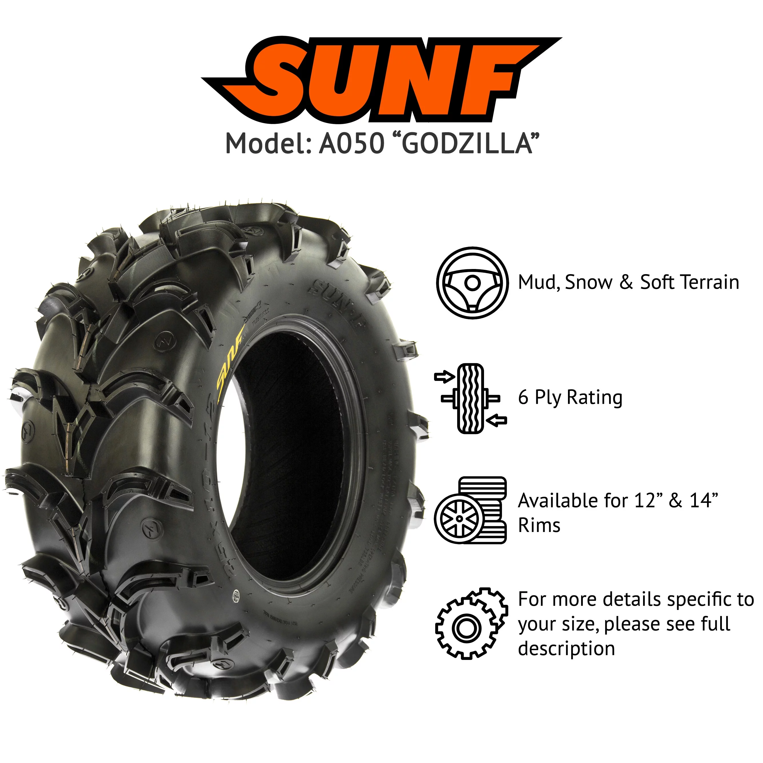 SunF 25x11-10 25x11x10 ATV UTV All Terrain Tire 6 PR A050 (Pair of 2)