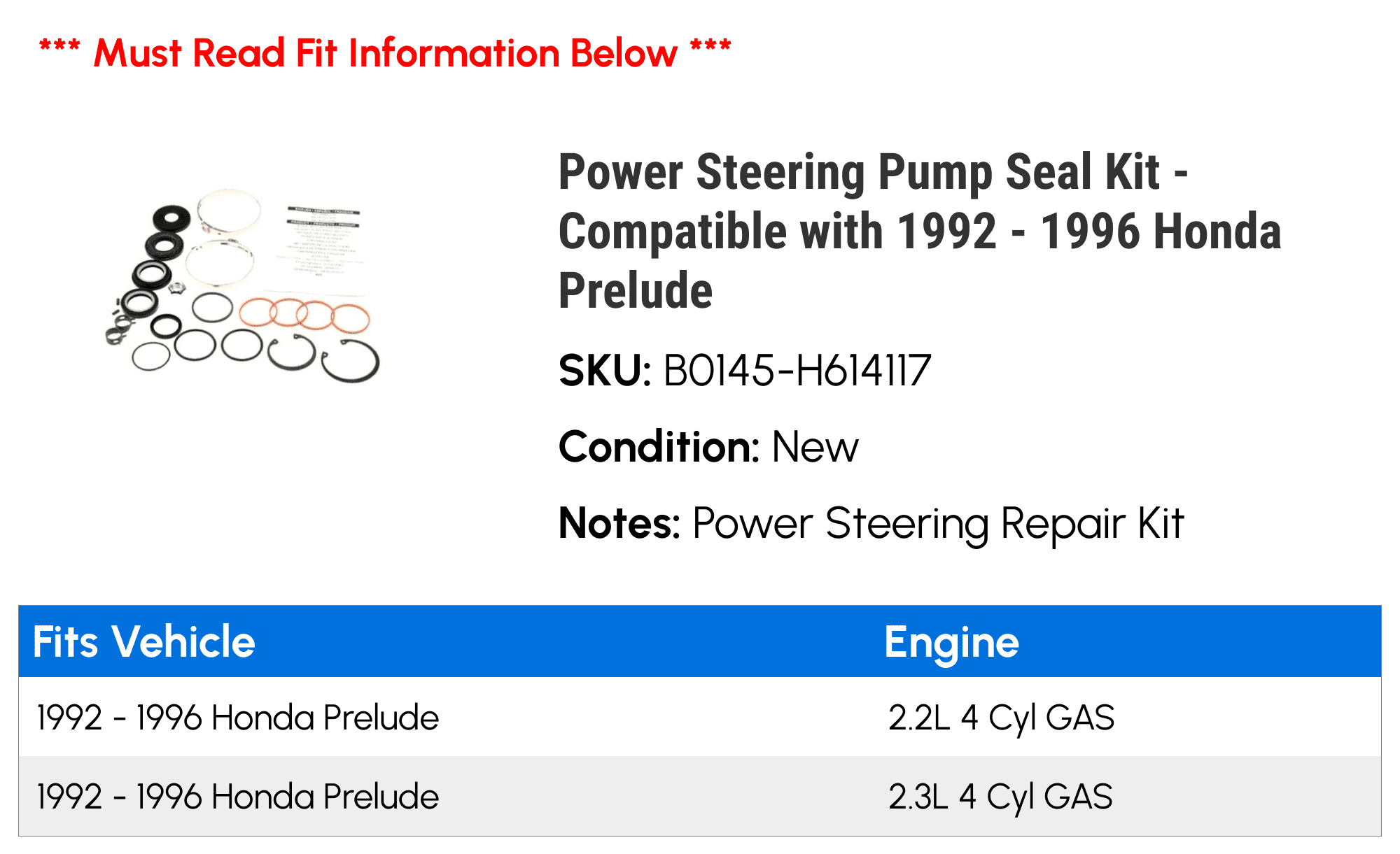 Power Steering Pump Seal Kit - Compatible with 1992 - 1996 Honda Prelude 1993 1994 1995