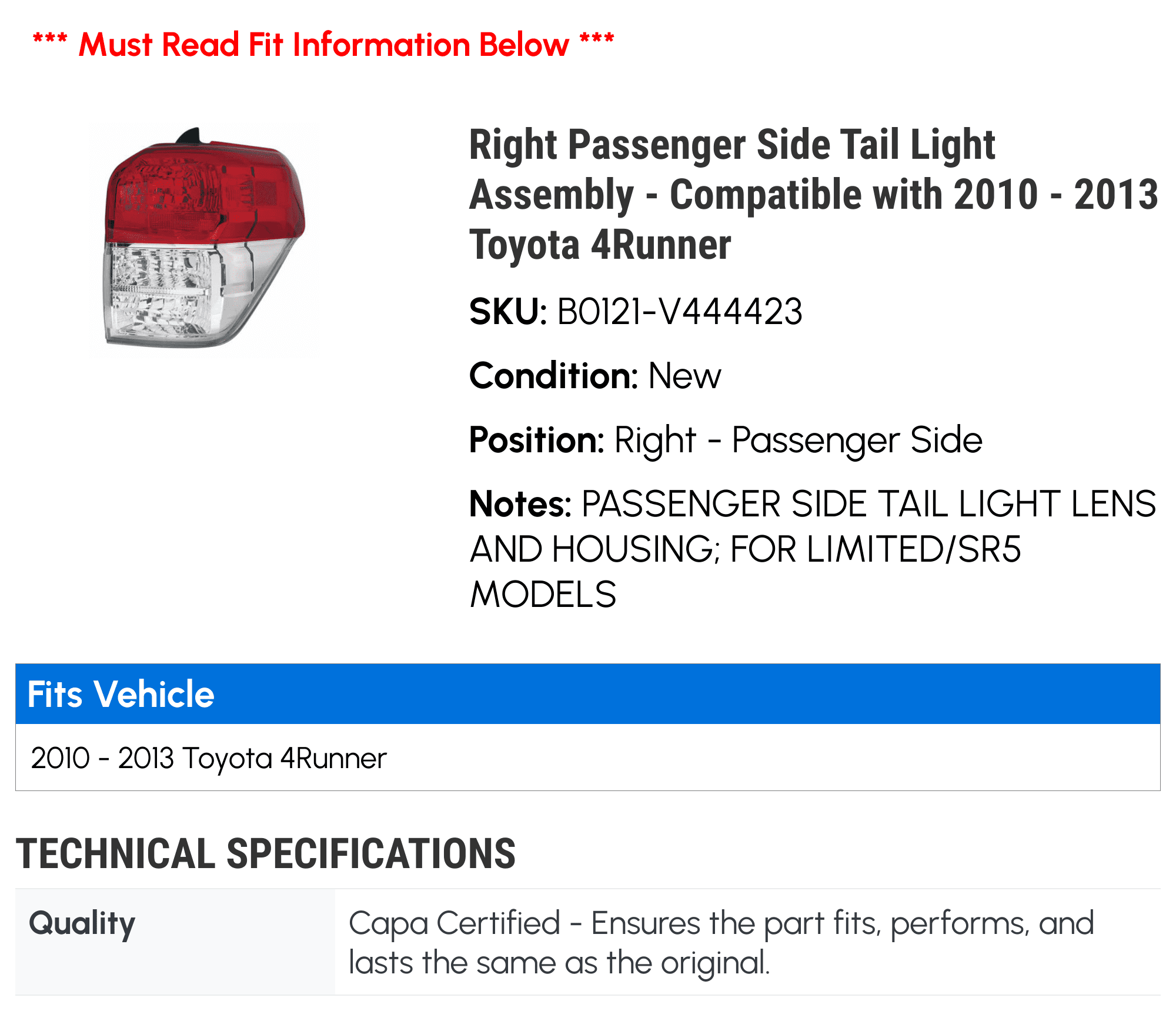 Right Passenger Side Tail Light Assembly - Compatible with 2010 - 2013 Toyota 4Runner 2011 2012