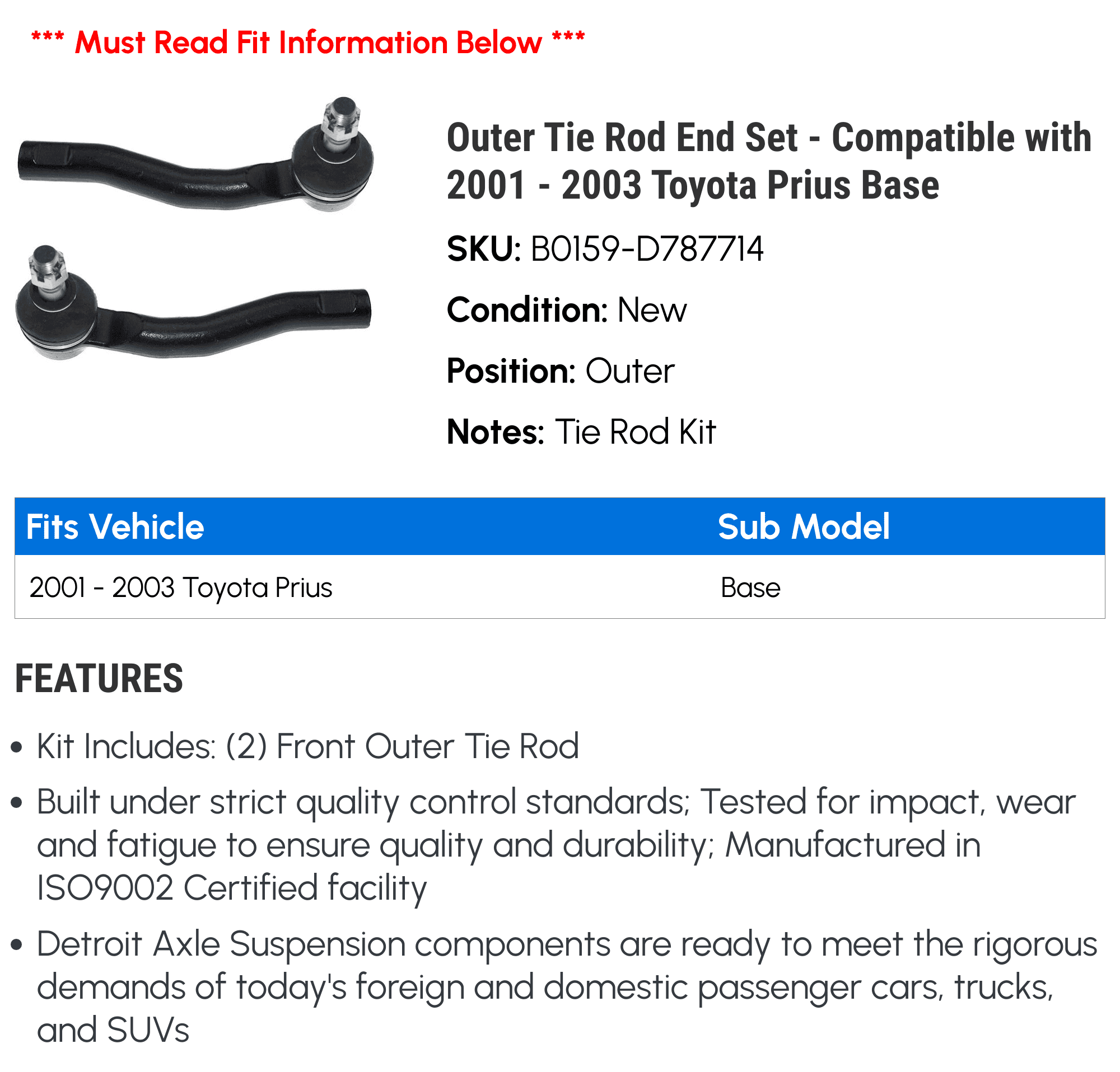 Outer Tie Rod End Set - Compatible with 2001 - 2003 Toyota Prius Base 2002