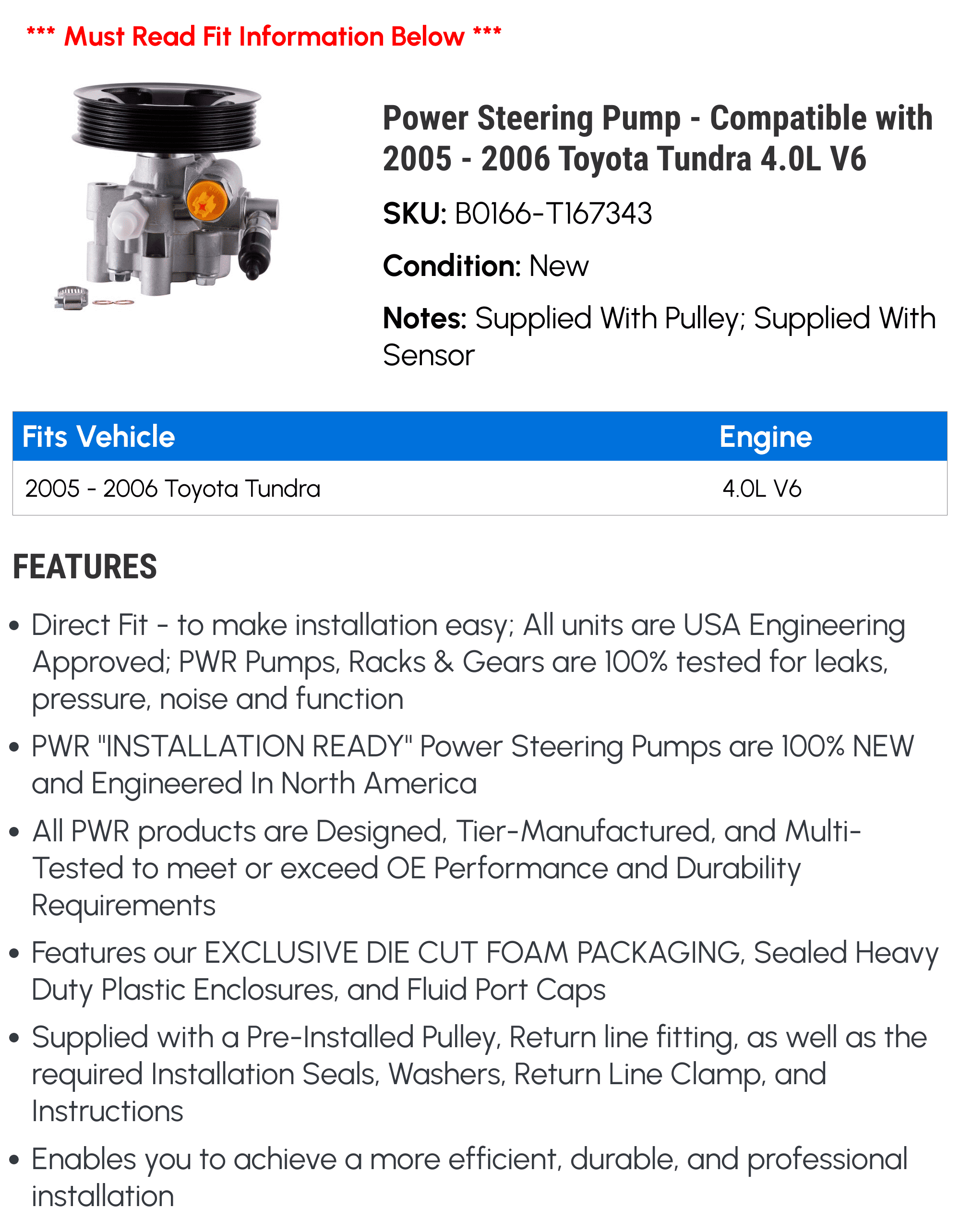 Power Steering Pump - Compatible with 2005 - 2006 Toyota Tundra 4.0L V6