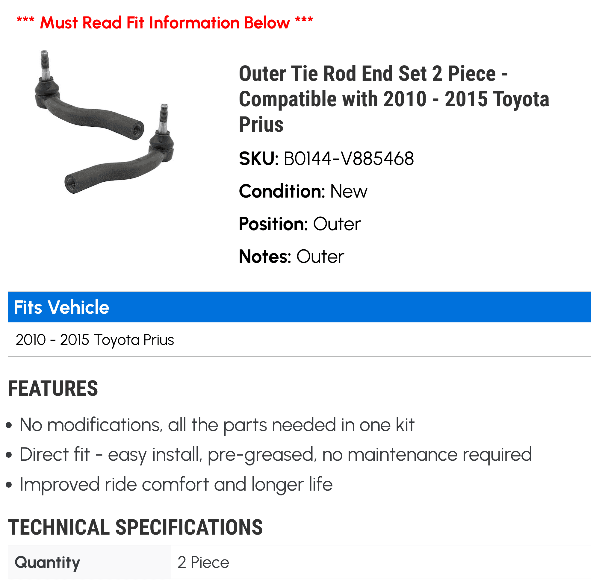 Outer Tie Rod End Set 2 Piece - Compatible with 2010 - 2015 Toyota Prius 2011 2012 2013 2014