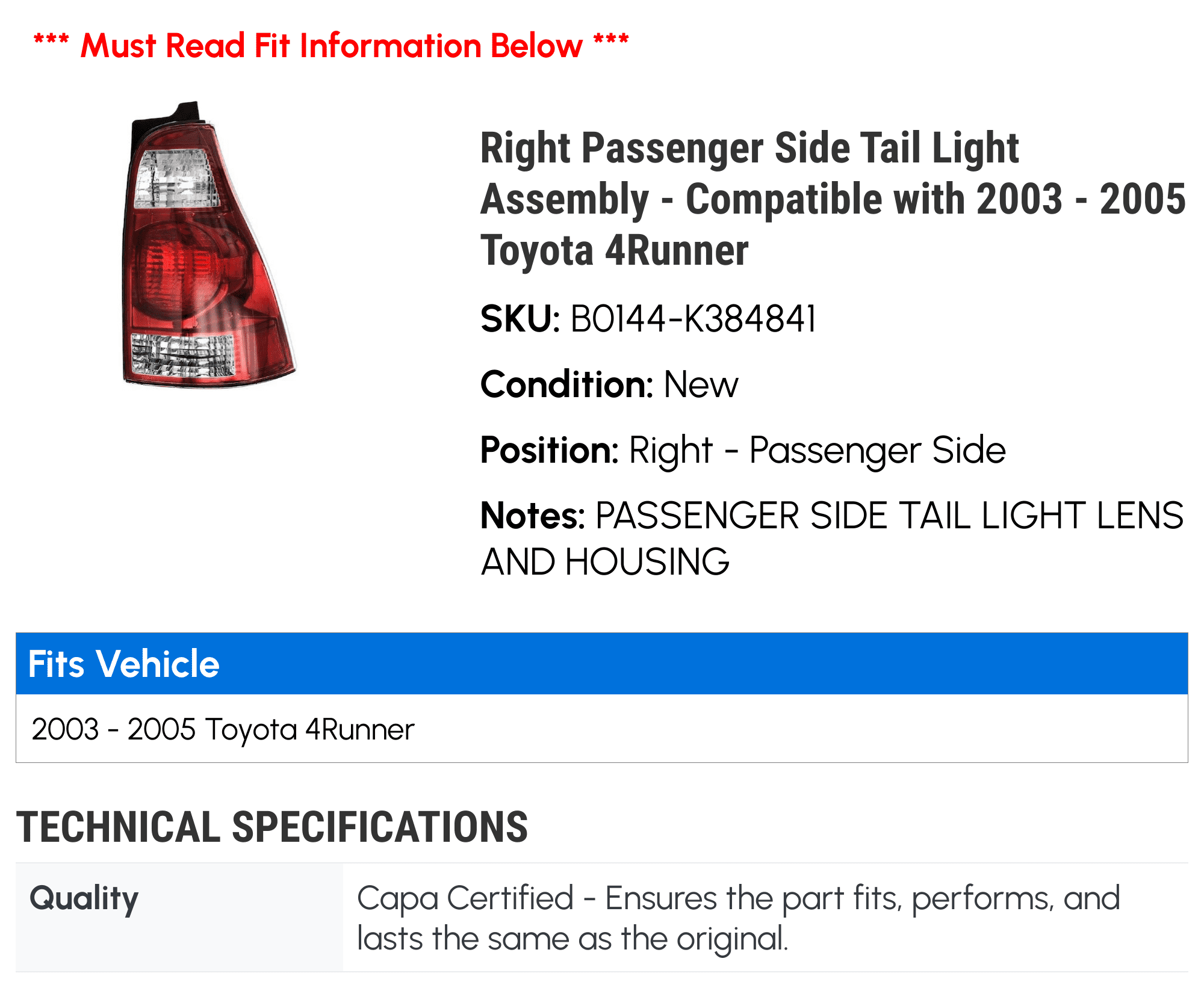Right Passenger Side Tail Light Assembly - Compatible with 2003 - 2005 Toyota 4Runner 2004