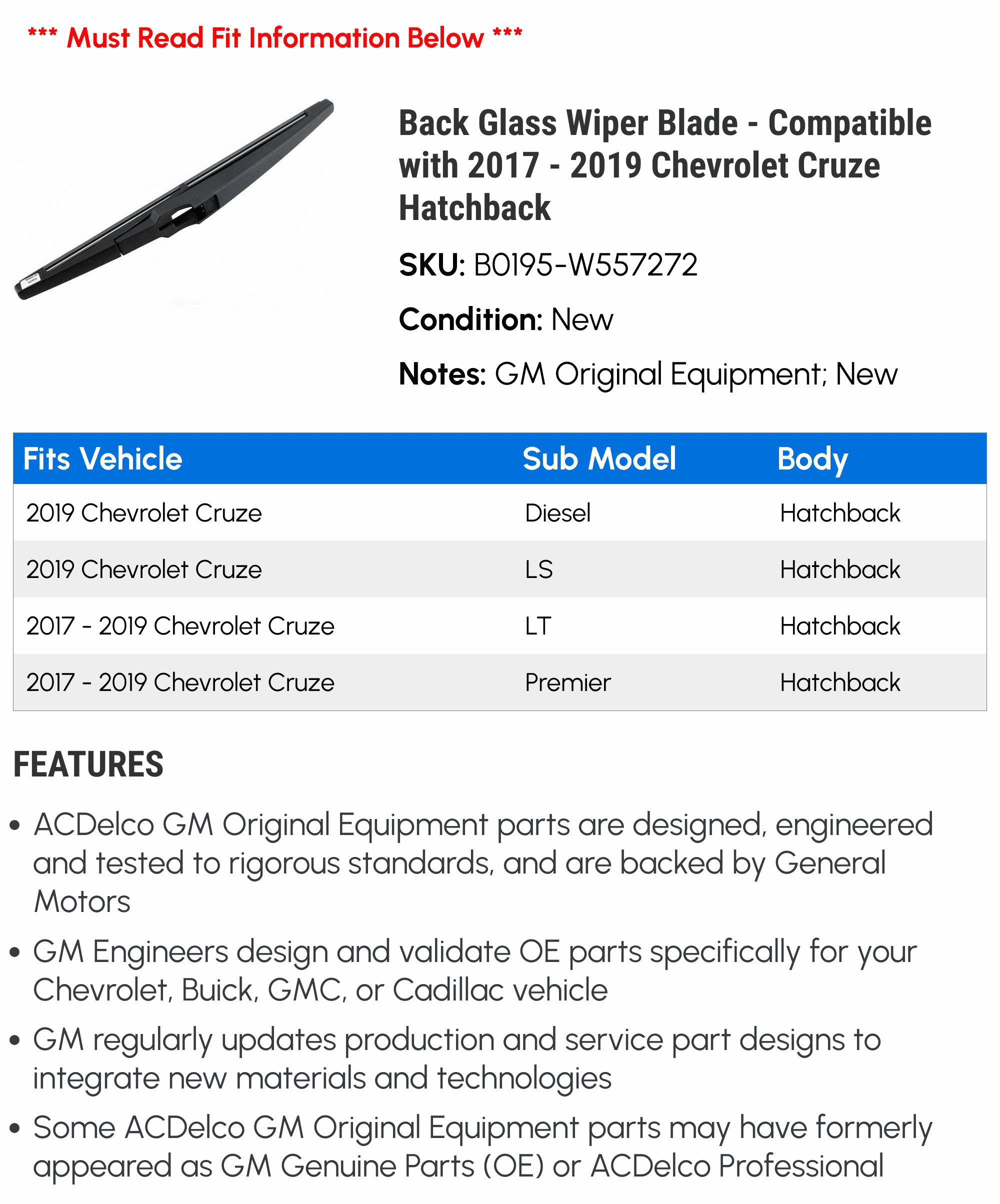 Back Glass Wiper Blade - Compatible with 2017 - 2019 Chevy Cruze Hatchback 2018