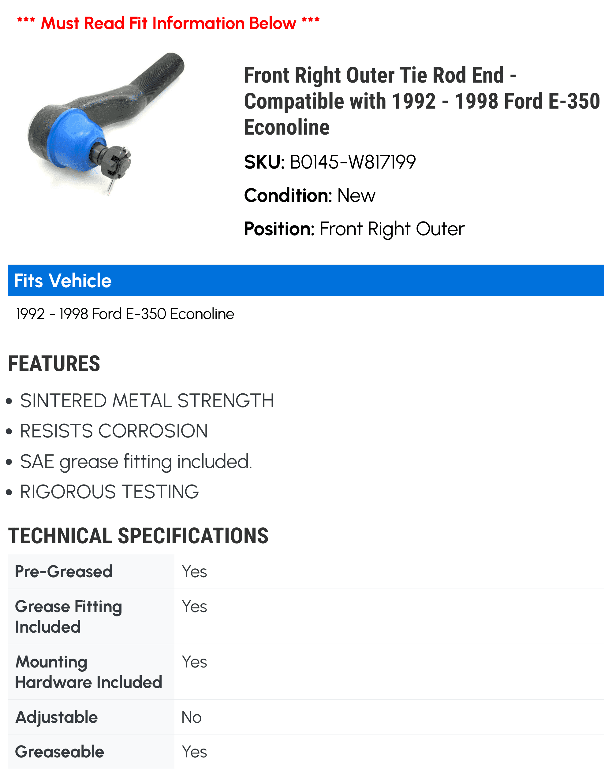 Front Right Outer Tie Rod End - Compatible with 1992 - 1998 Ford E-350 Econoline 1993 1994 1995 1996 1997
