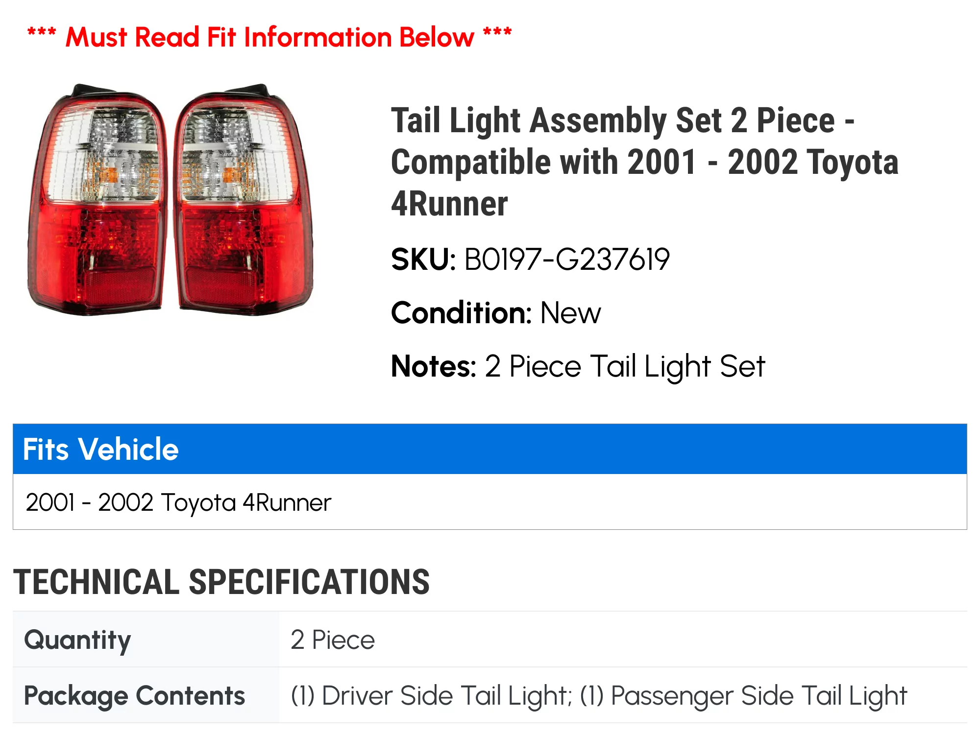 Tail Light Assembly Set 2 Piece - Compatible with 2001 - 2002 Toyota 4Runner