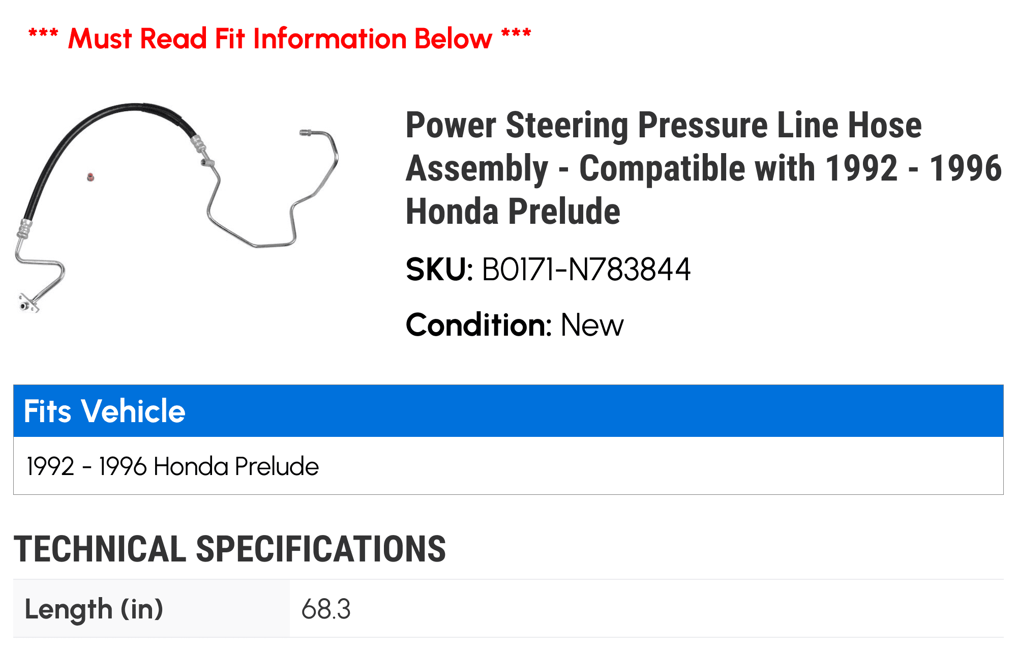 Power Steering Pressure Line Hose Assembly - Compatible with 1992 - 1996 Honda Prelude 1993 1994 1995