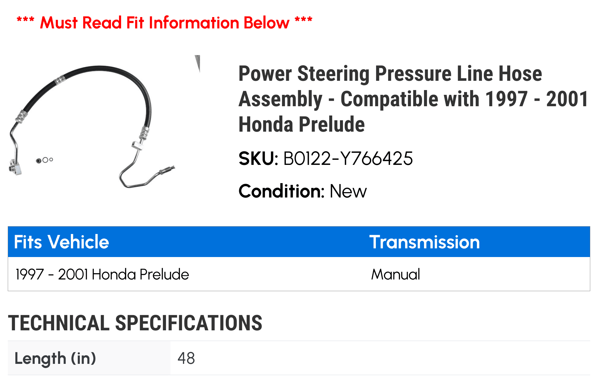 Power Steering Pressure Line Hose Assembly - Compatible with 1997 - 2001 Honda Prelude 1998 1999 2000