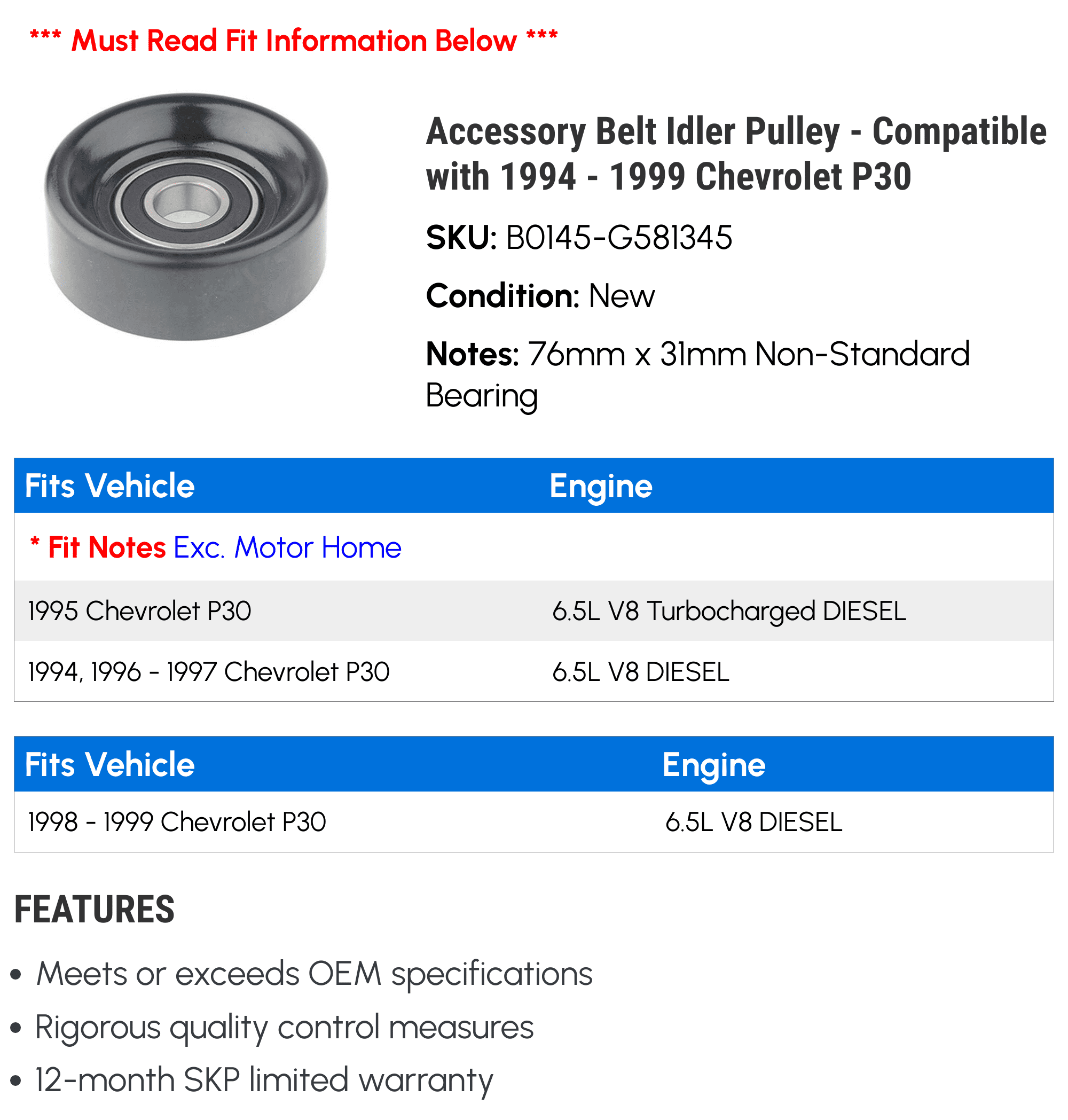 Accessory Belt Idler Pulley - Compatible with 1994 - 1999 Chevy P30 1995 1996 1997 1998