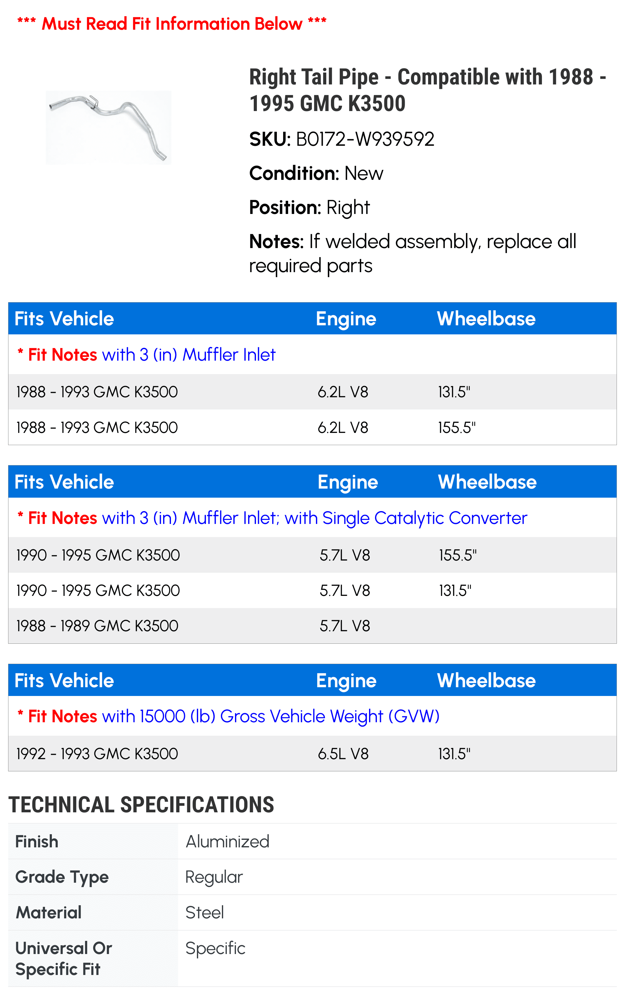 Right Tail Line - Compatible with 1988 - 1995 GMC K3500 1989 1990 1991 1992 1993 1994