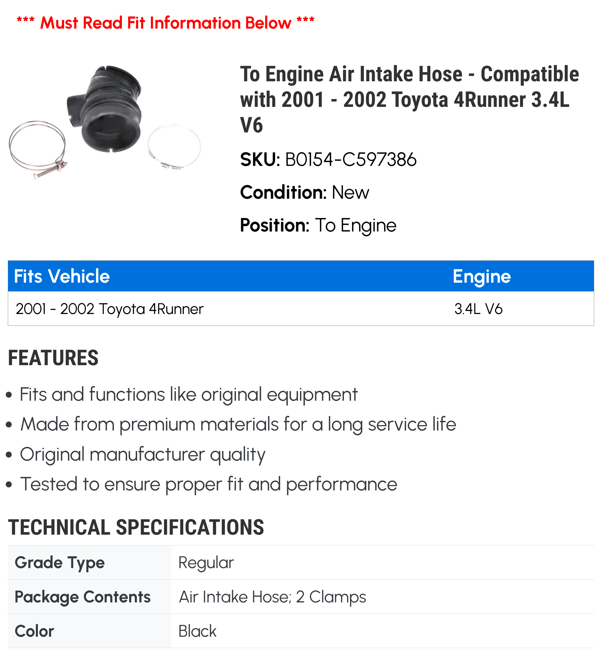To Engine Air Intake Hose - Compatible with 2001 - 2002 Toyota 4Runner 3.4L V6