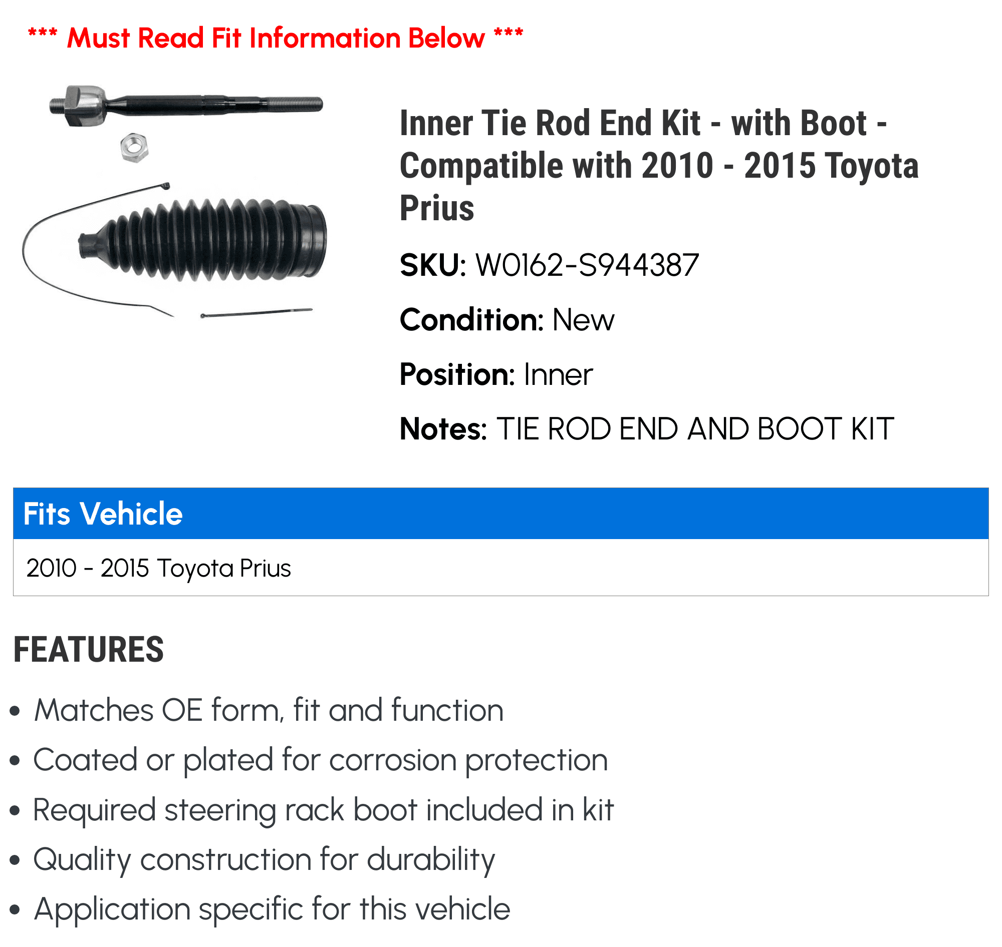 Inner Tie Rod End Kit - with Boot - Compatible with 2010 - 2015 Toyota Prius 2011 2012 2013 2014