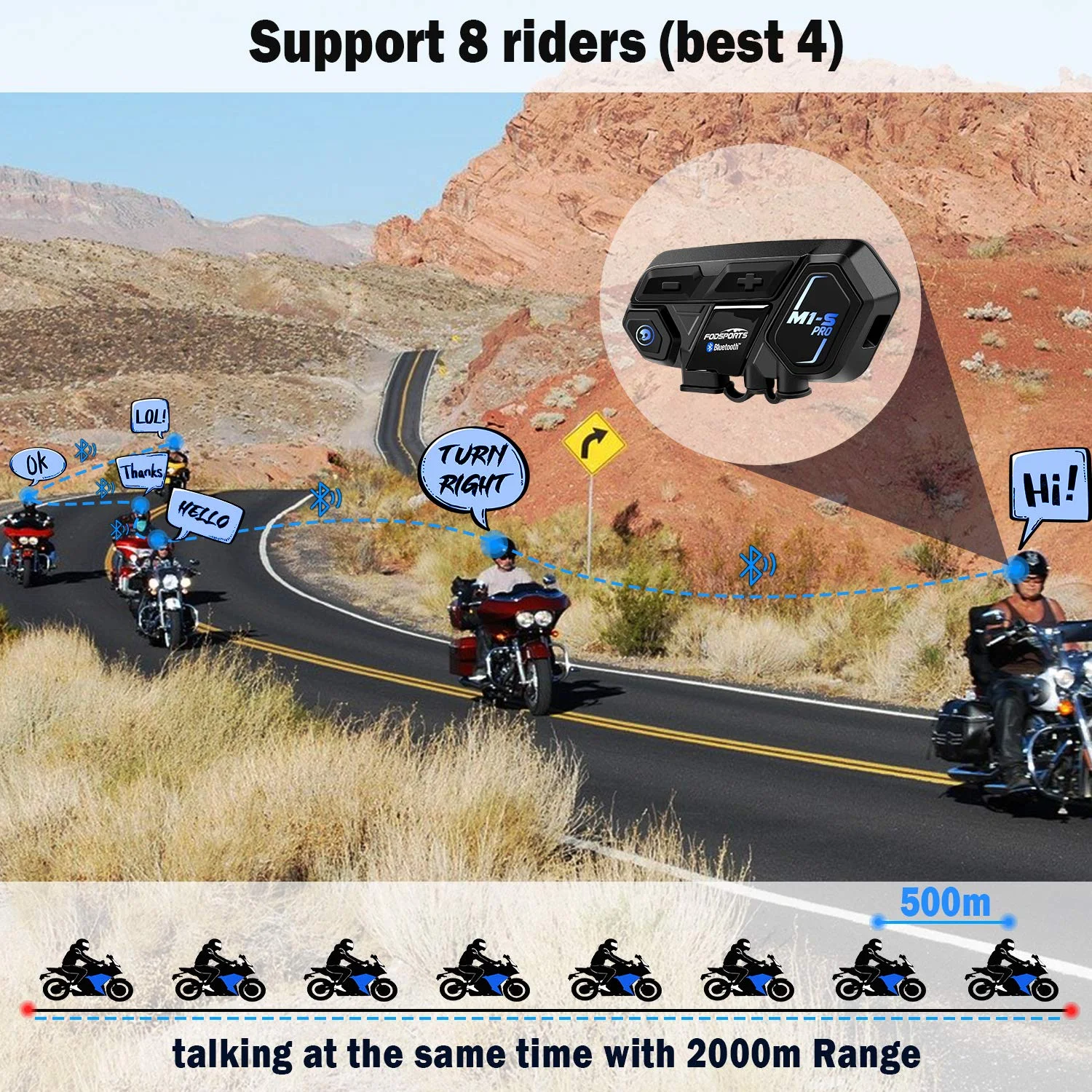 Fodsports M1-S Pro Motorcycle Helmet Intercom Bluetooth Headset for 8 Riders 2000m Communication 2 Pack Black