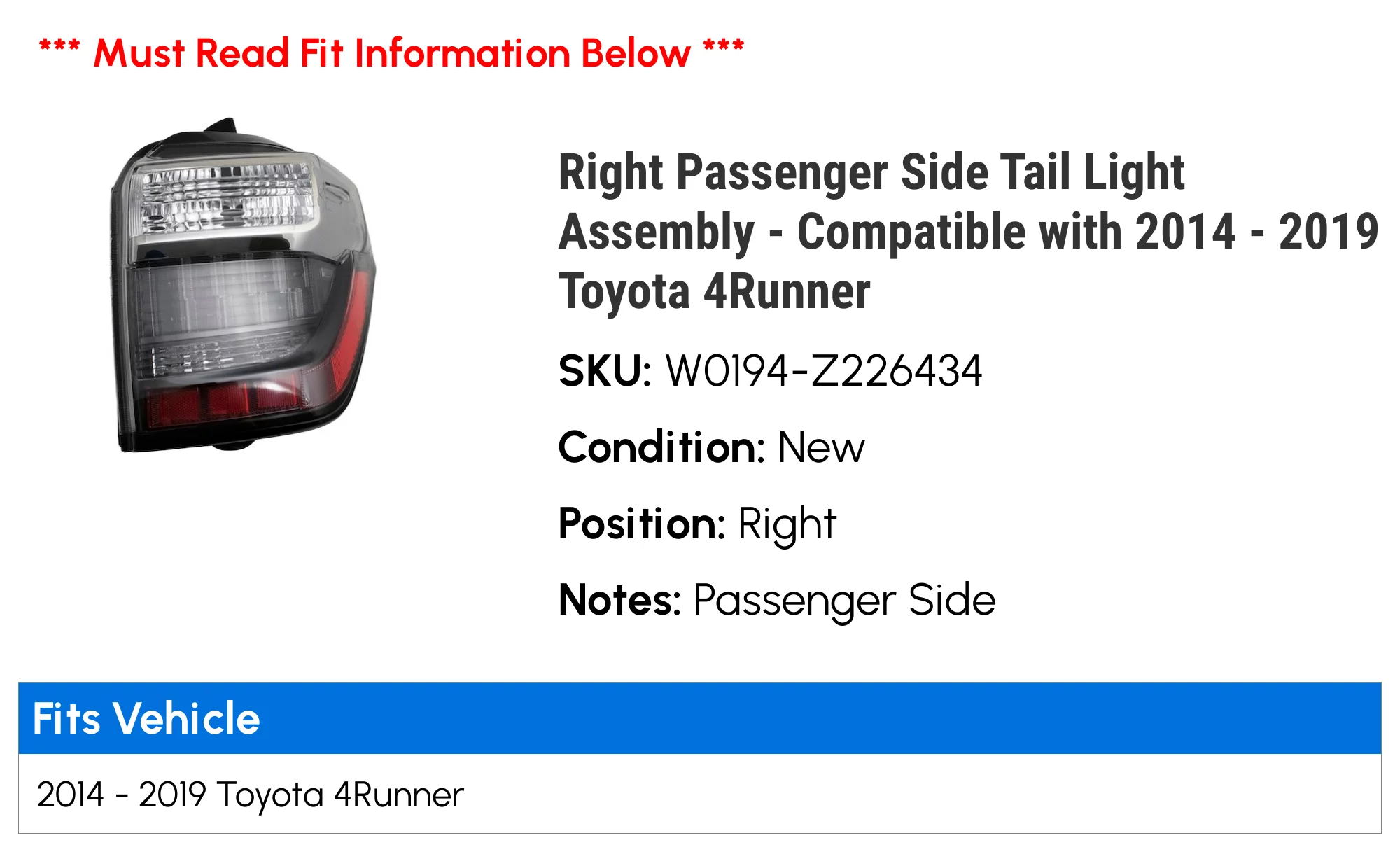 Right Passenger Side Tail Light Assembly - Compatible with 2014 - 2019 Toyota 4Runner 2015 2016 2017 2018