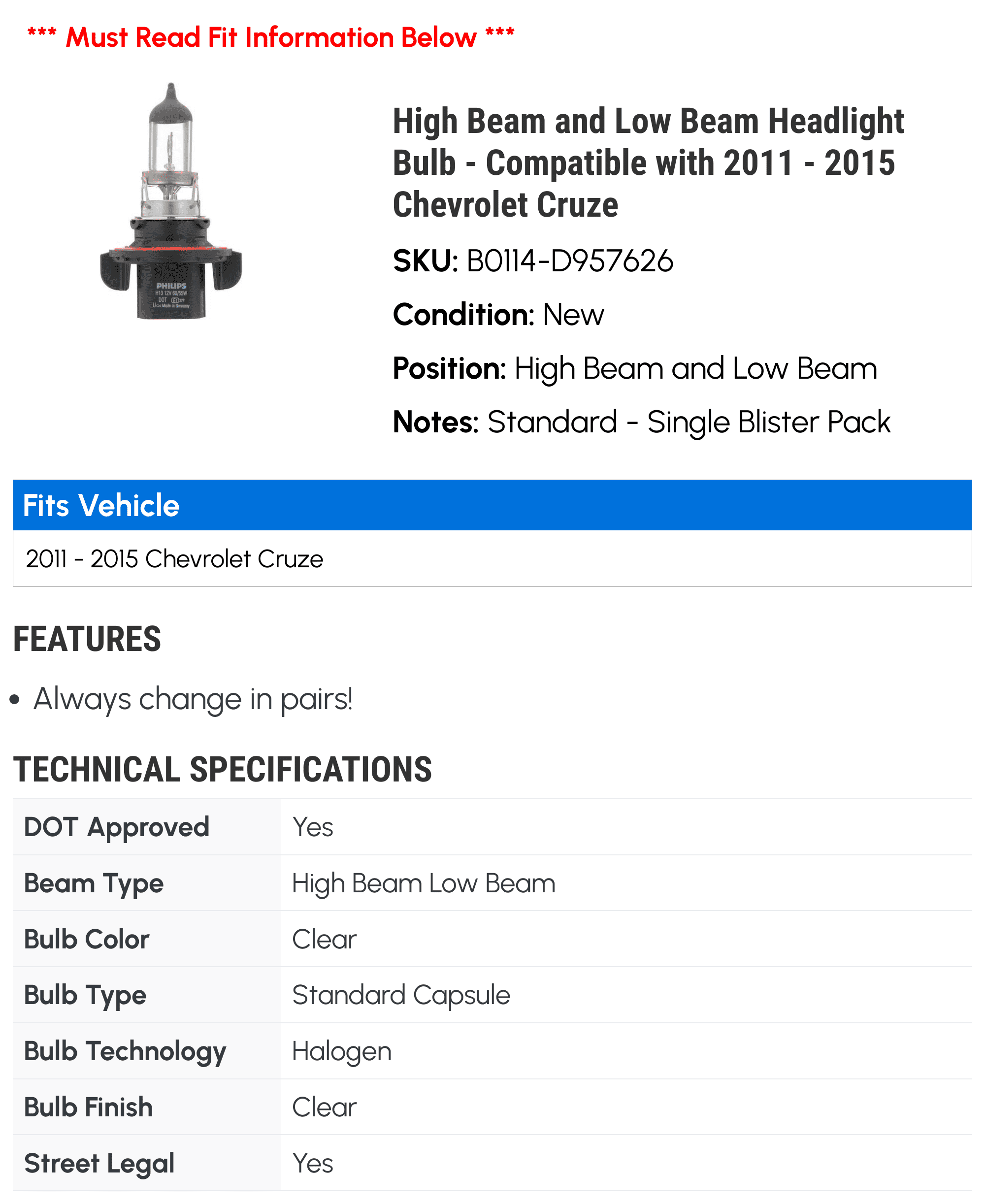 High Beam and Low Beam Headlight Bulb - Compatible with 2011 - 2015 Chevy Cruze 2012 2013 2014