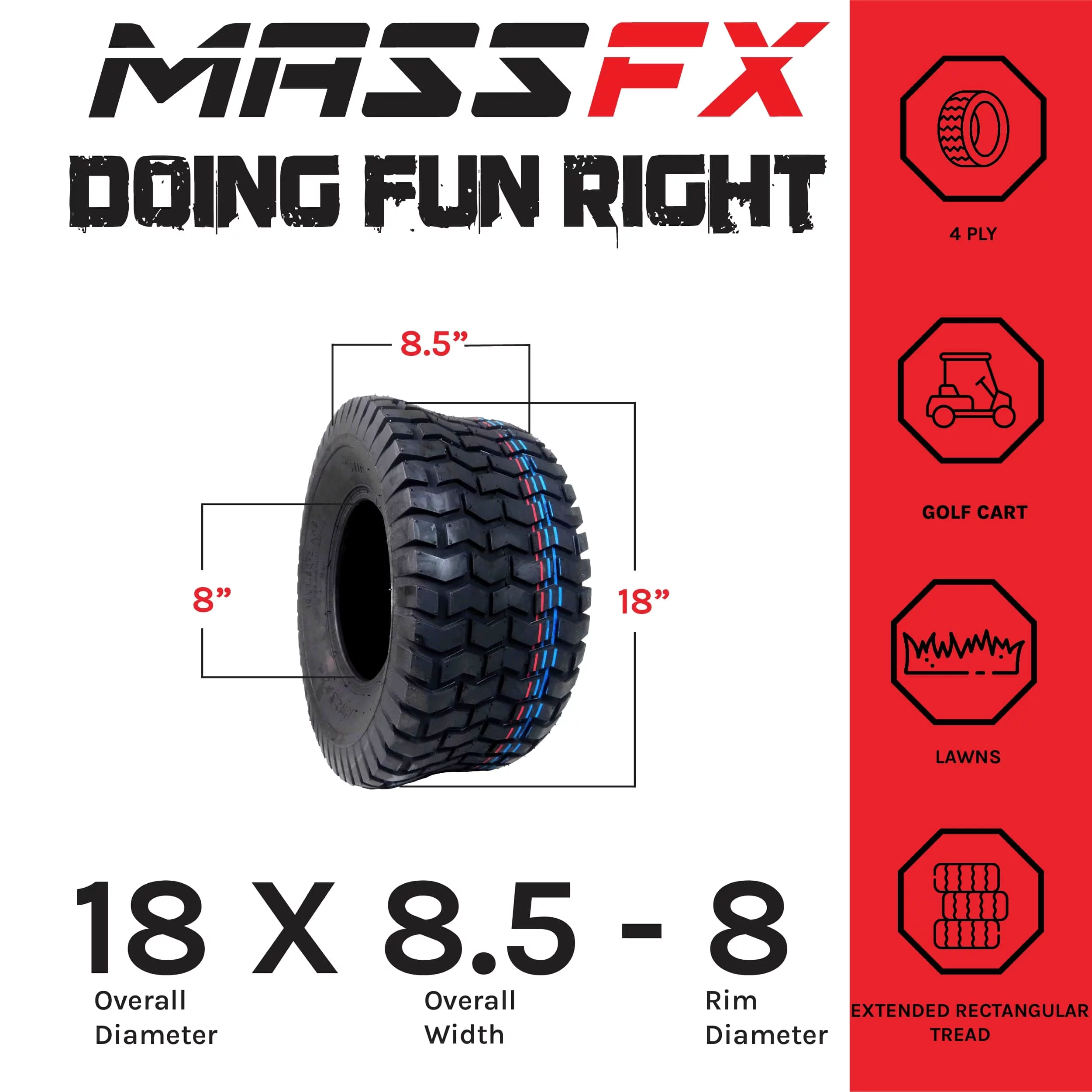 MASSFX 18x8.5-8 Lawn & Garden, Golf Cart, Turf Tires 4 Ply with 5mm Tread Depth 18x8.5x8