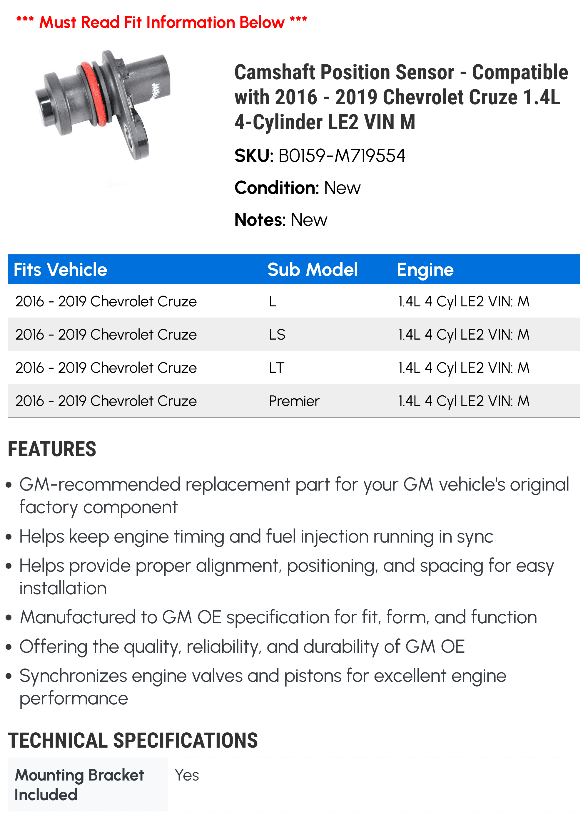 Camshaft Position Sensor - Compatible with 2016 - 2019 Chevy Cruze 1.4L 4-Cylinder LE2 VIN M 2017 2018