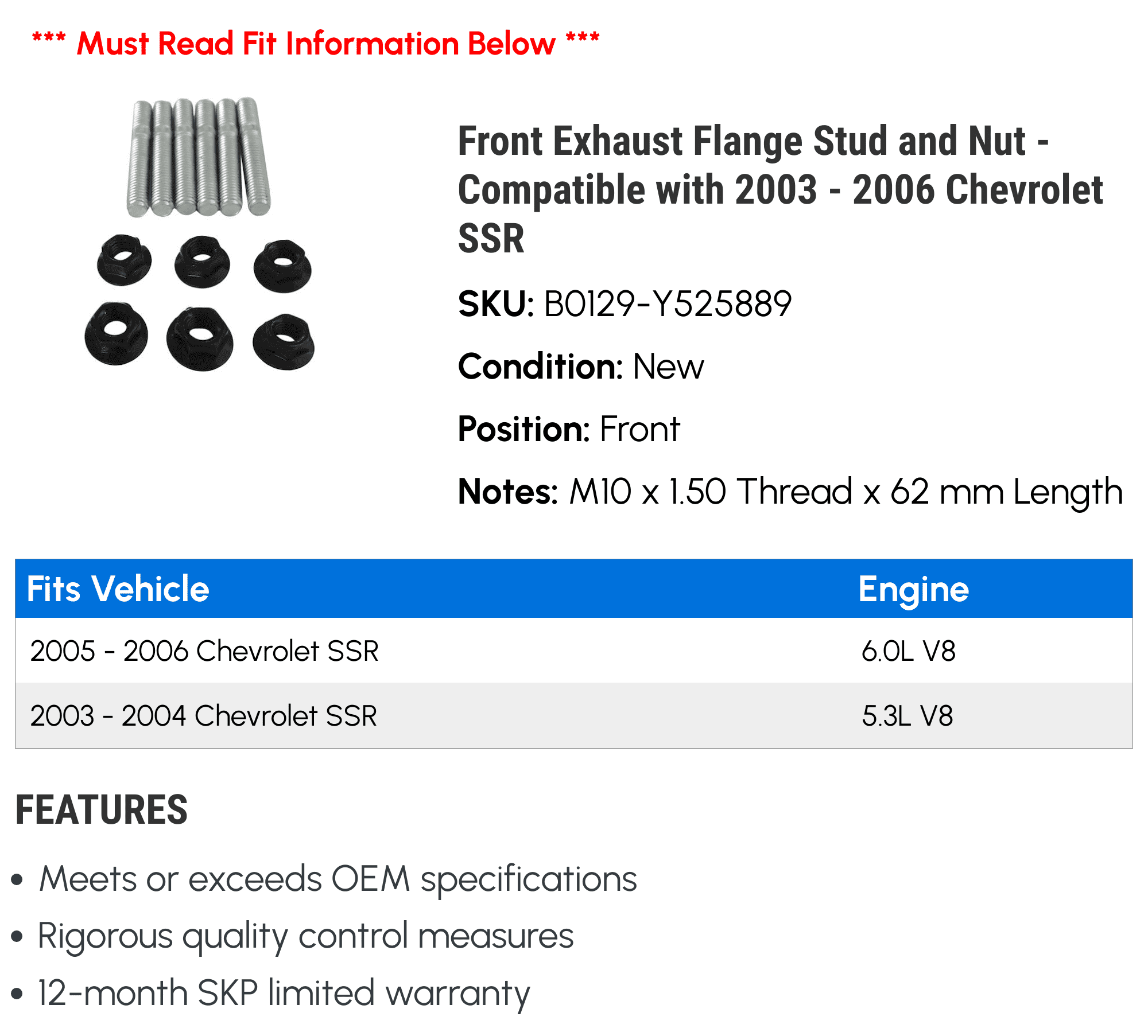 Front Exhaust Flange Stud and Nut - Compatible with 2003 - 2006 Chevy SSR 2004 2005