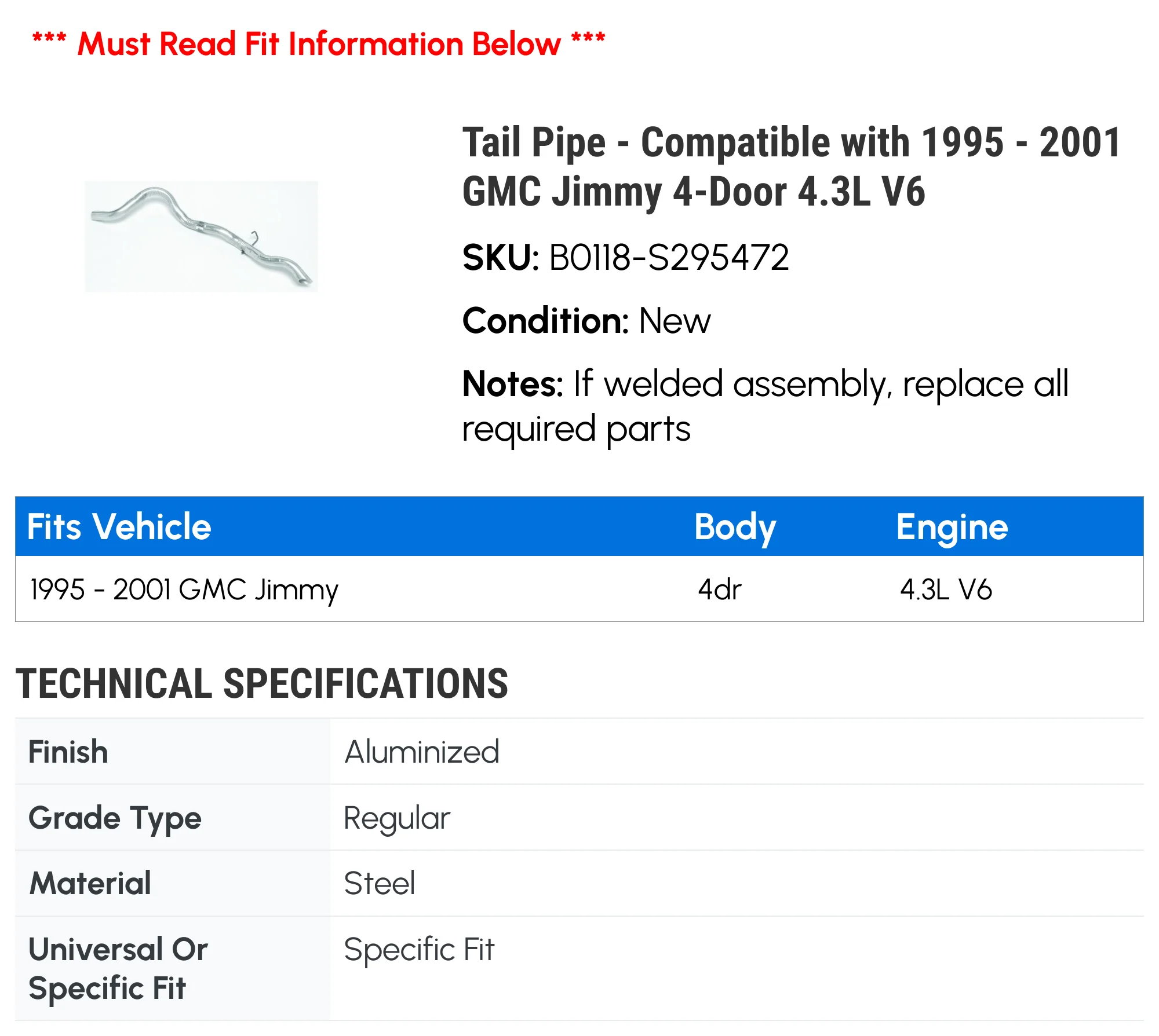Tail Line - Compatible with 1995 - 2001 GMC Jimmy 4-Door 4.3L V6 1996 1997 1998 1999 2000