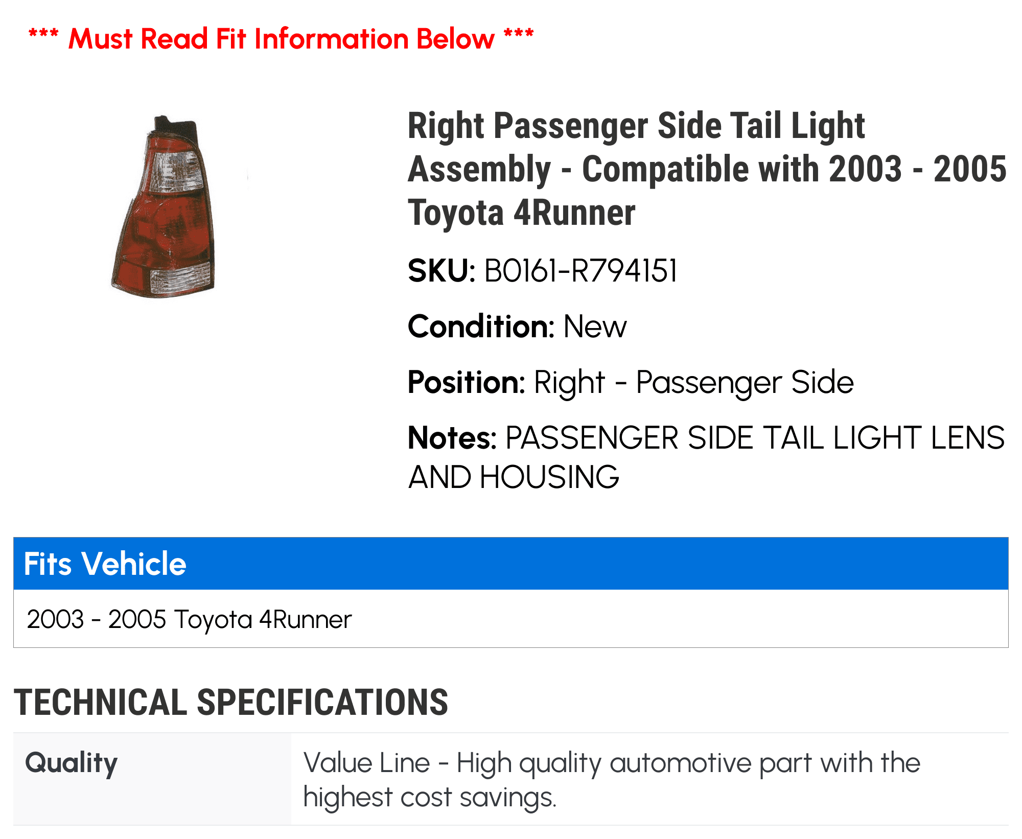 Right Passenger Side Tail Light Assembly - Compatible with 2003 - 2005 Toyota 4Runner 2004
