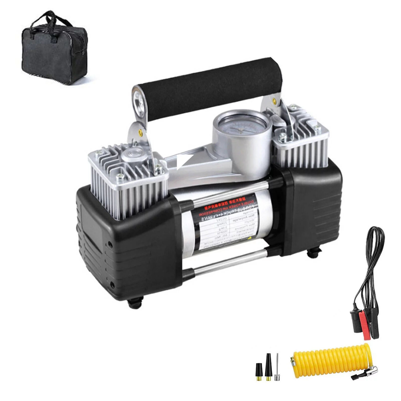KingFurt Electric Pump Double Cylinder 12V Black Portable Air Compressor Roadside Tire Inflation