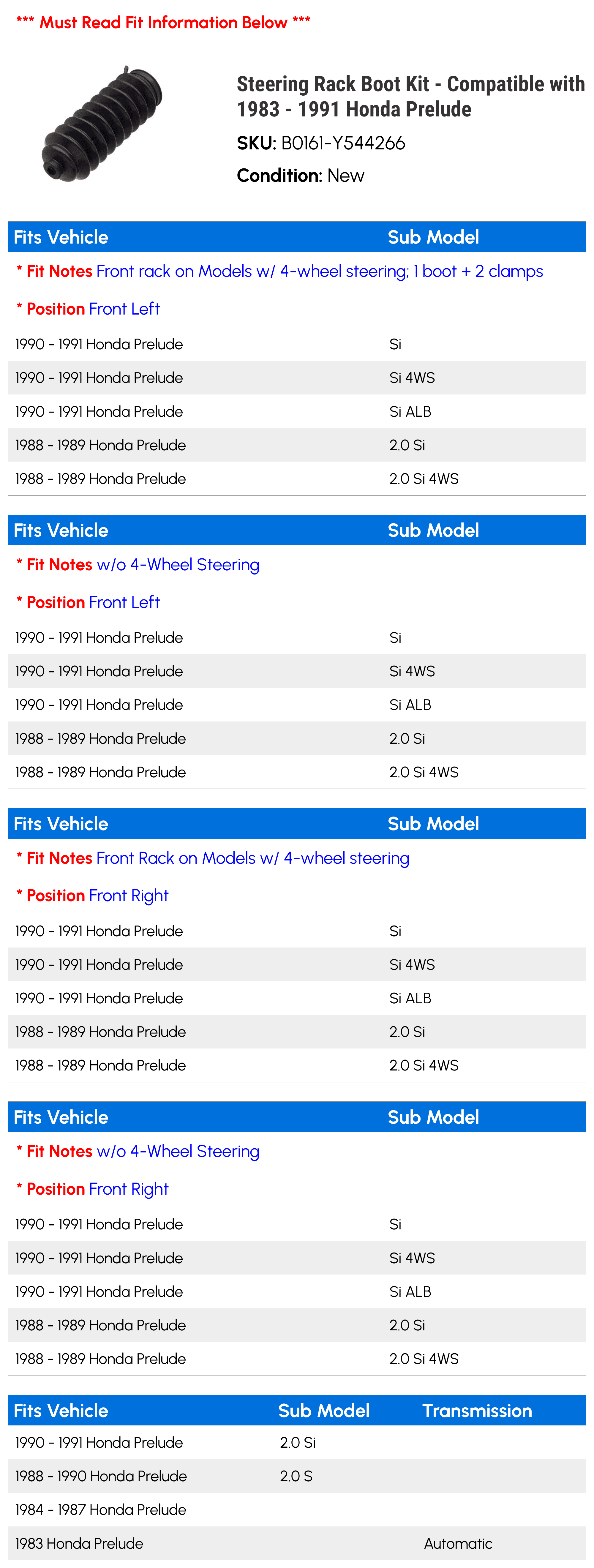 Steering Rack Boot Kit - Compatible with 1983 - 1991 Honda Prelude 1984 1985 1986 1987 1988 1989 1990