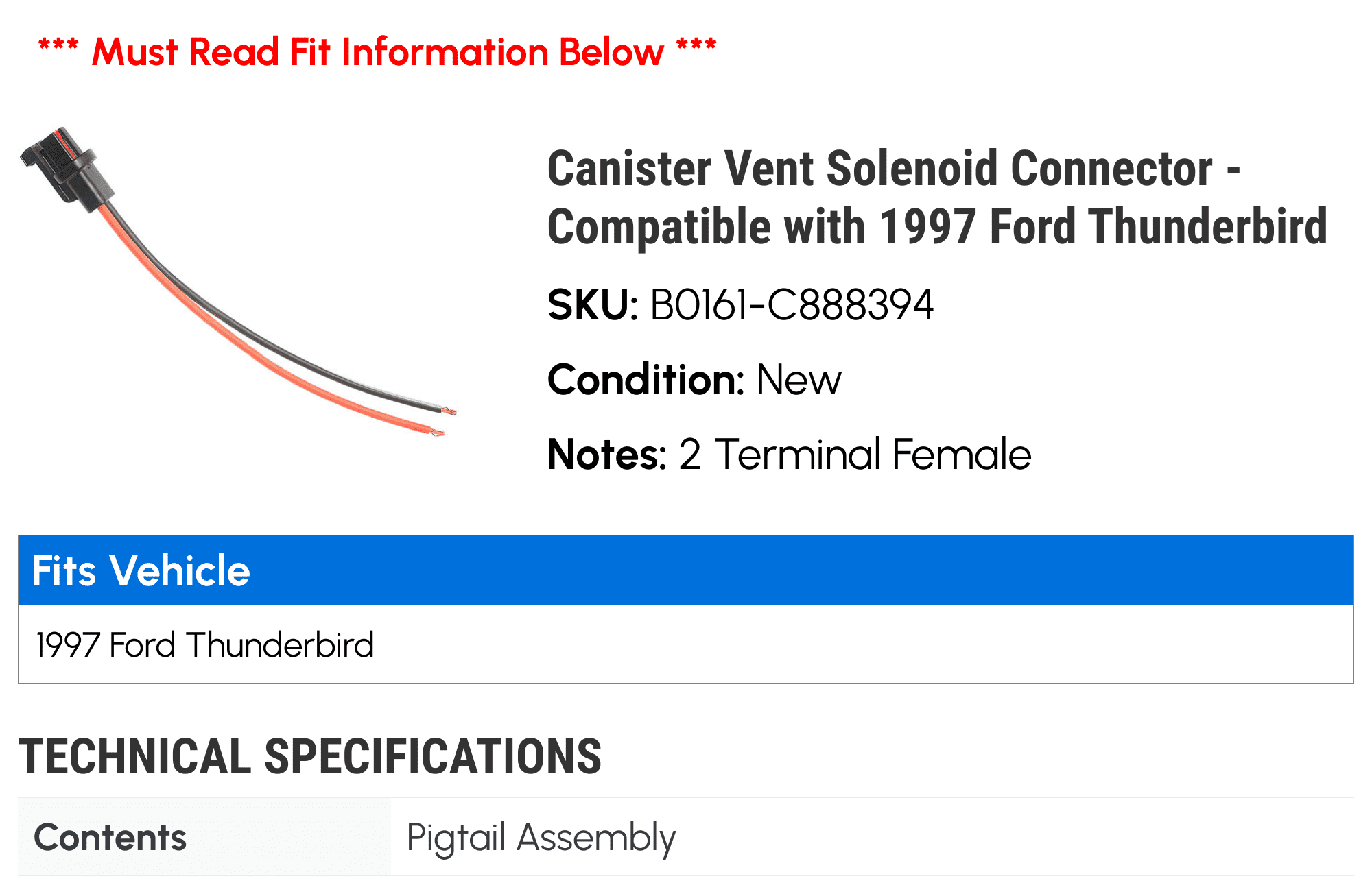 Canister Vent Solenoid Connector - Compatible with 1997 Ford Thunderbird