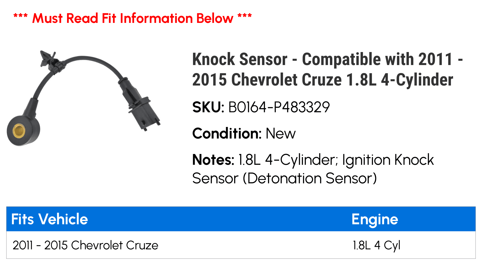 Knock Sensor - Compatible with 2011 - 2015 Chevy Cruze 1.8L 4-Cylinder 2012 2013 2014