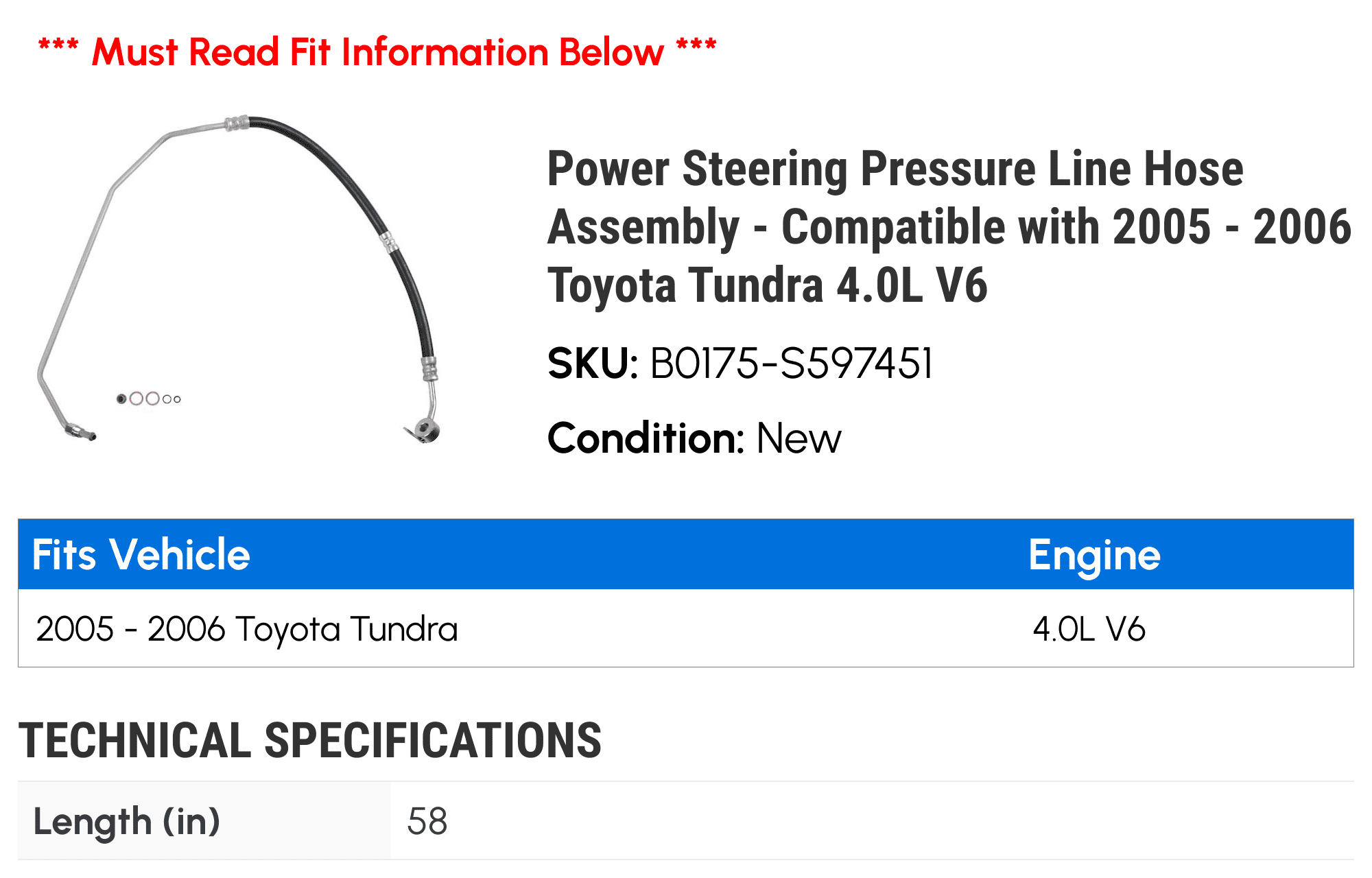 Power Steering Pressure Line Hose Assembly - Compatible with 2005 - 2006 Toyota Tundra 4.0L V6