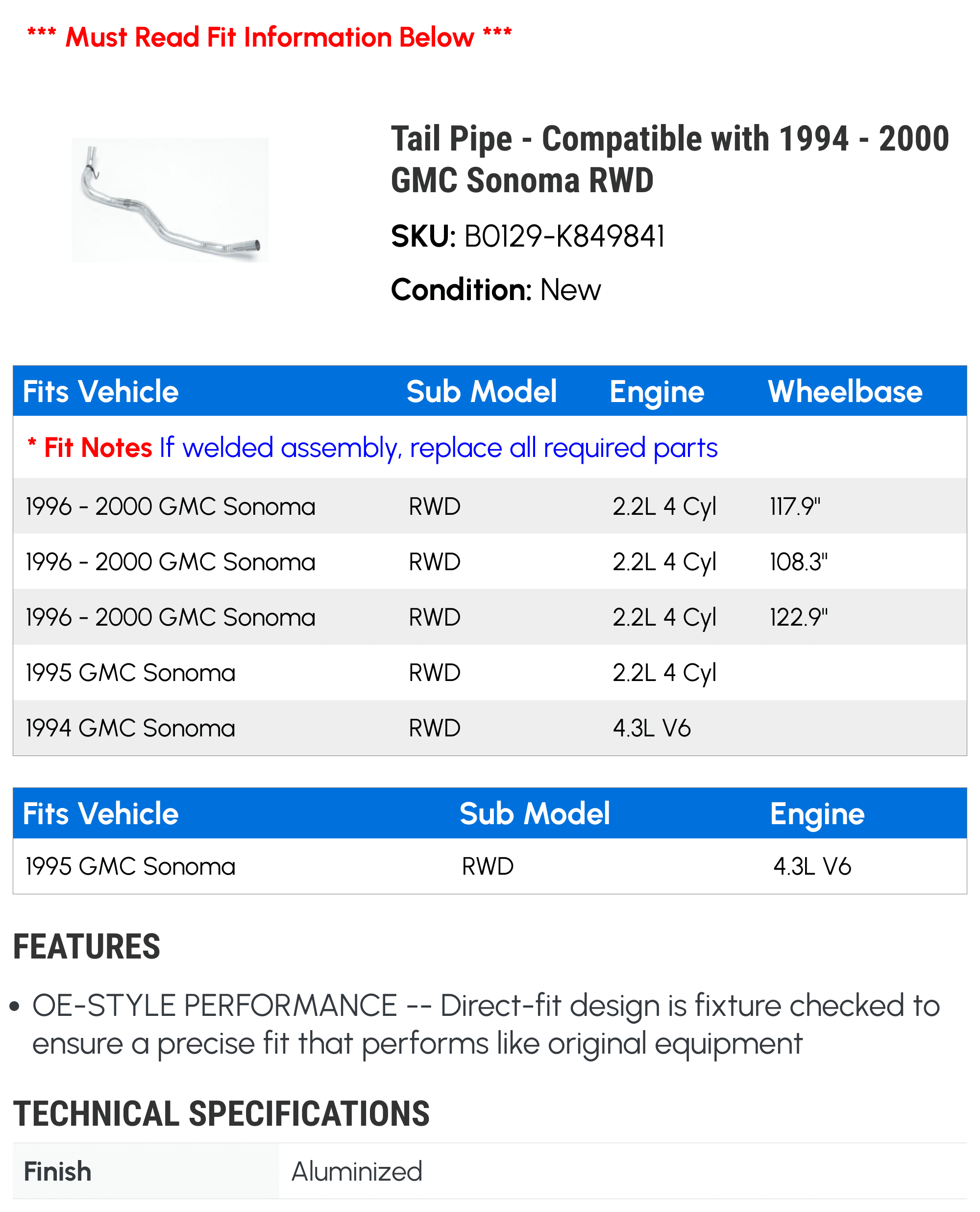 Tail Line - Compatible with 1994 - 2000 GMC Sonoma RWD 1995 1996 1997 1998 1999